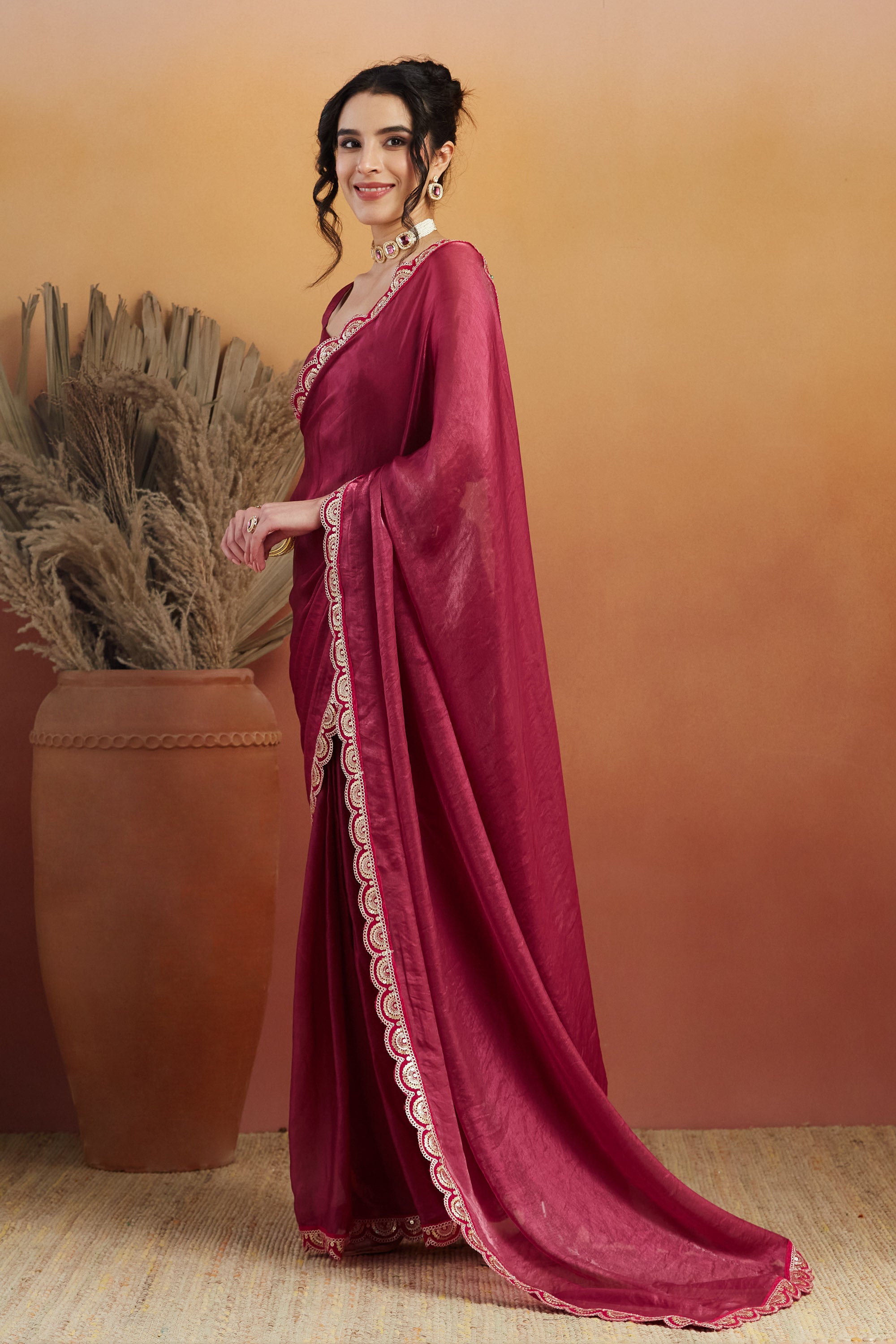 Gota Stone Tassels Fandy Red Glass Tissue Silk Ready to Wear Saree