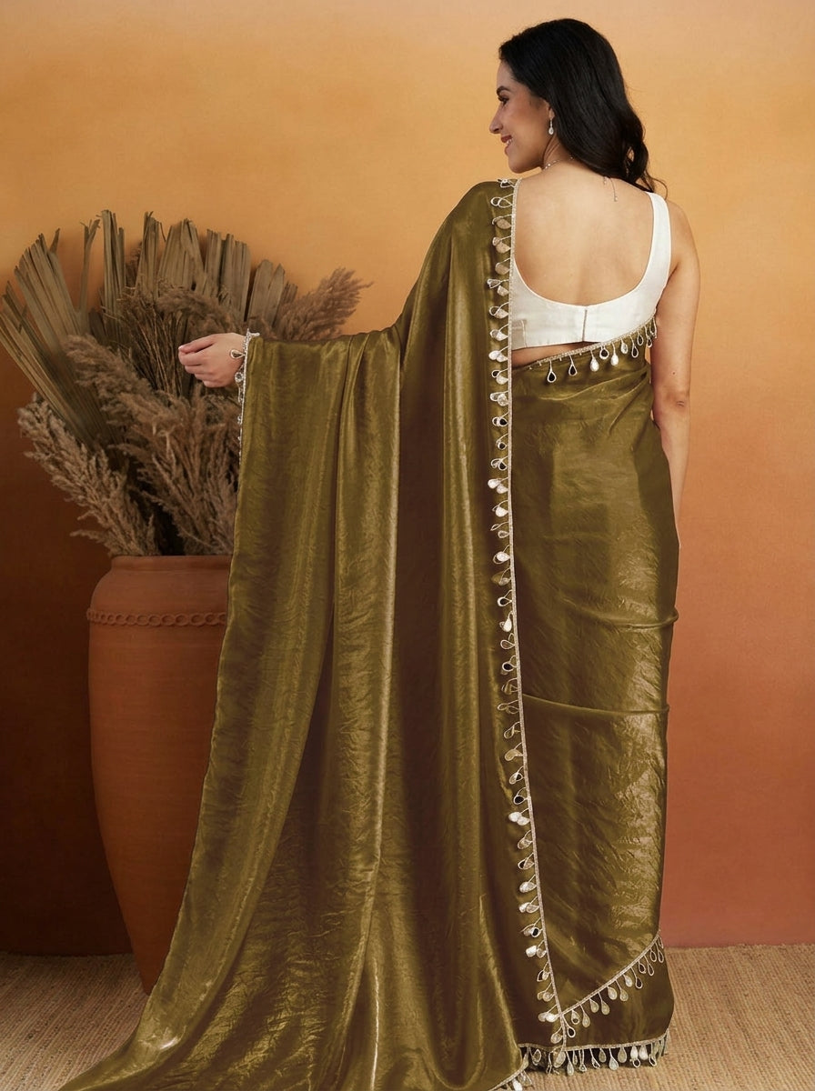Mehendi Green Designer Organza Mirror Work Ready To Wear Saree