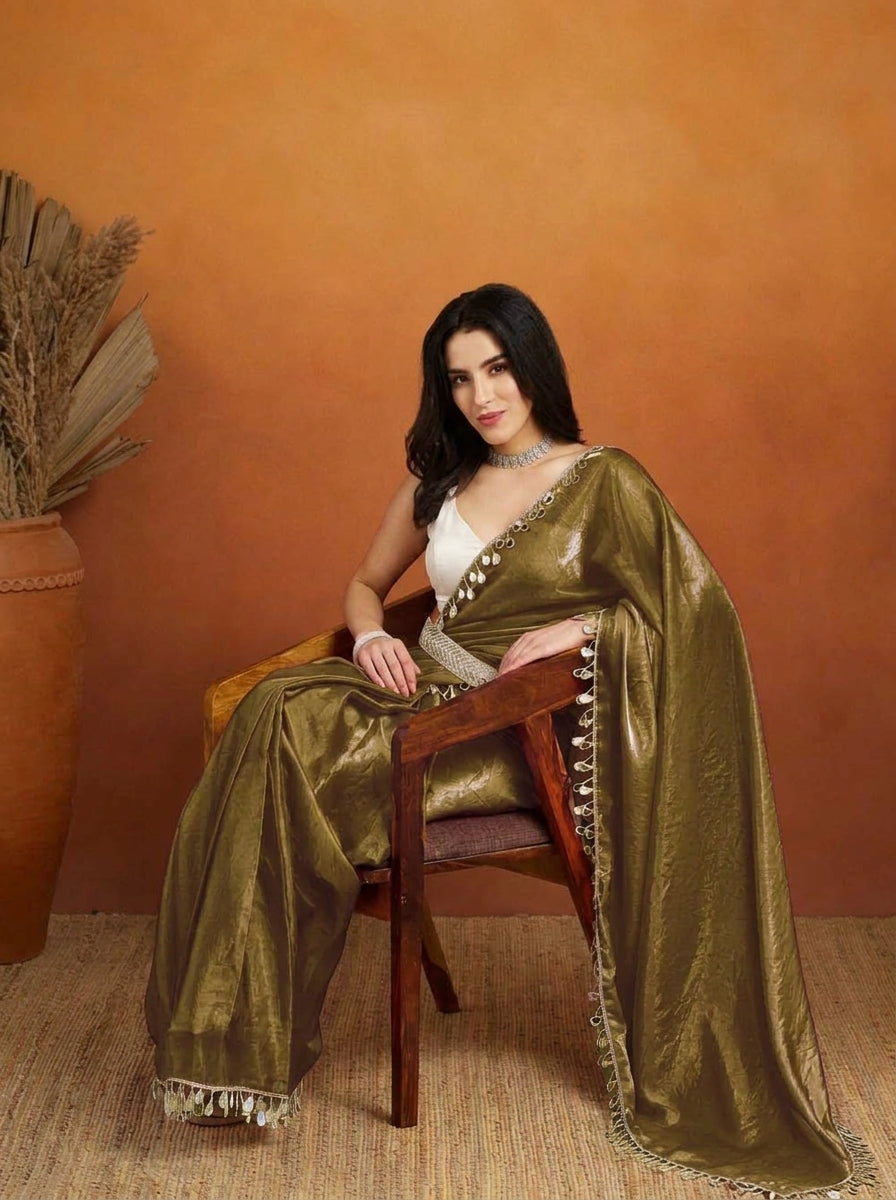 Mehendi Green Designer Organza Mirror Work Ready To Wear Saree