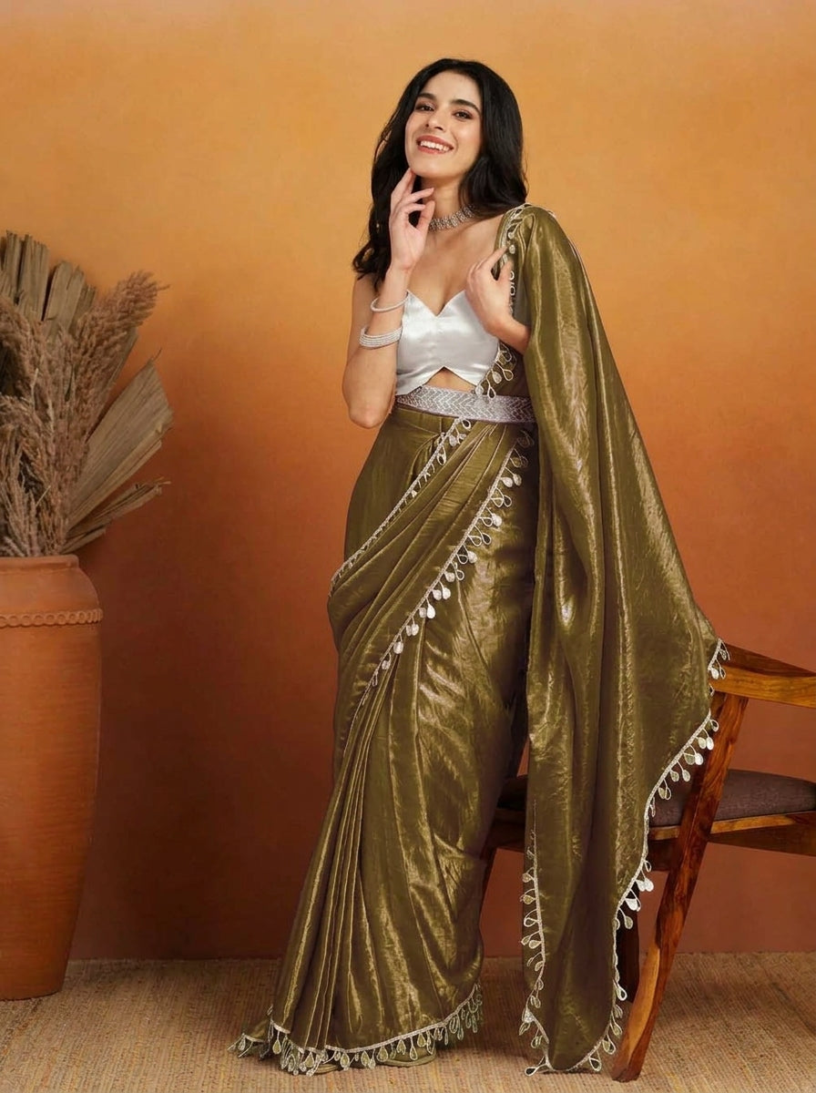 Mehendi Green Designer Organza Mirror Work Ready To Wear Saree