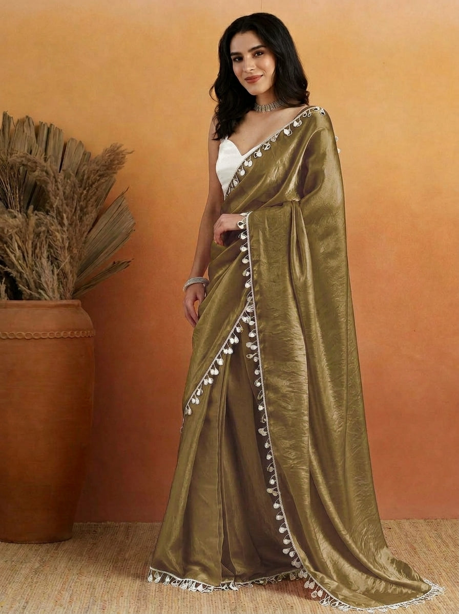 Mehendi Green Designer Organza Mirror Work Ready To Wear Saree