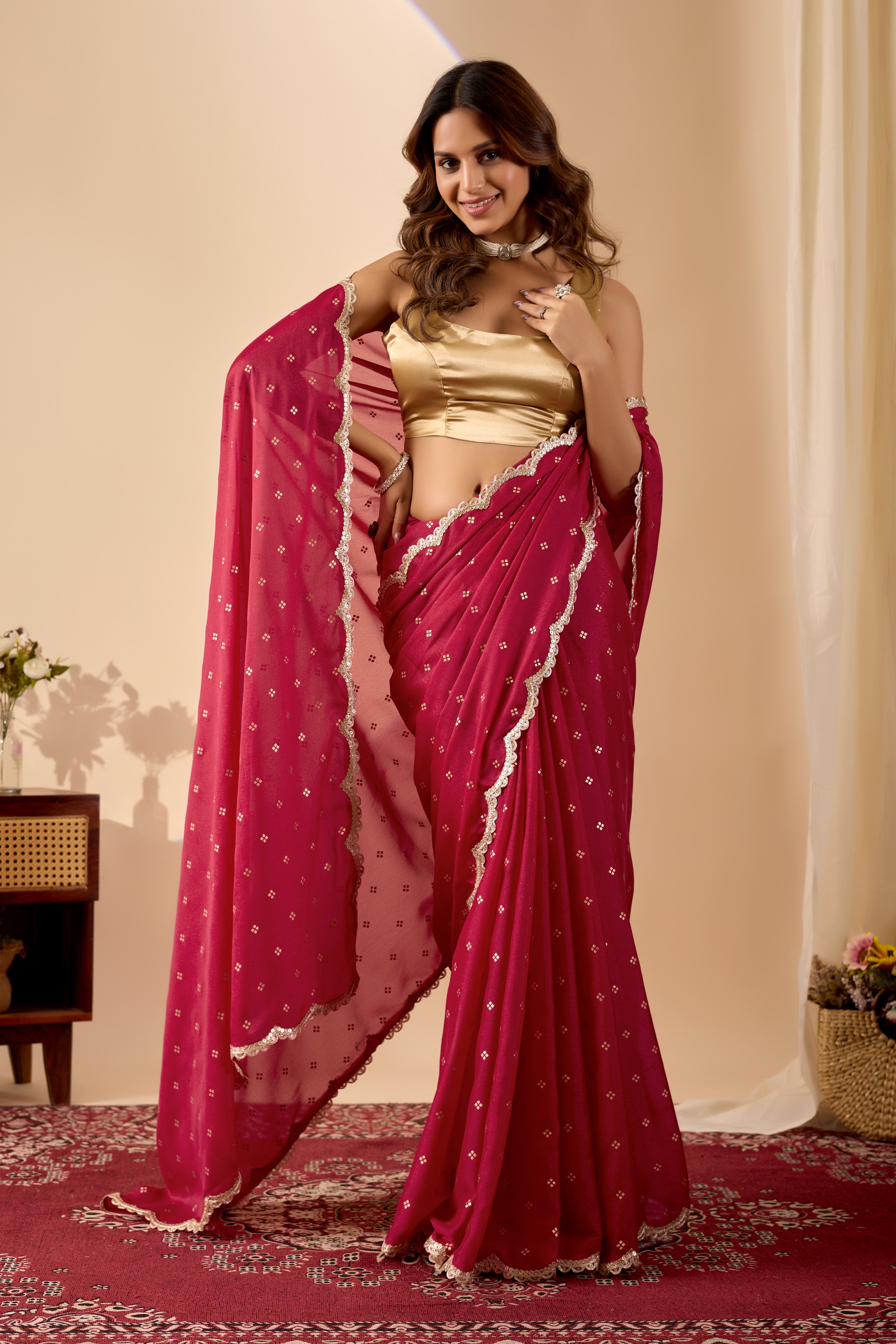 Regal Wine Red Poly Georgette Saree with a Luxurious Gold Satin Blouse.