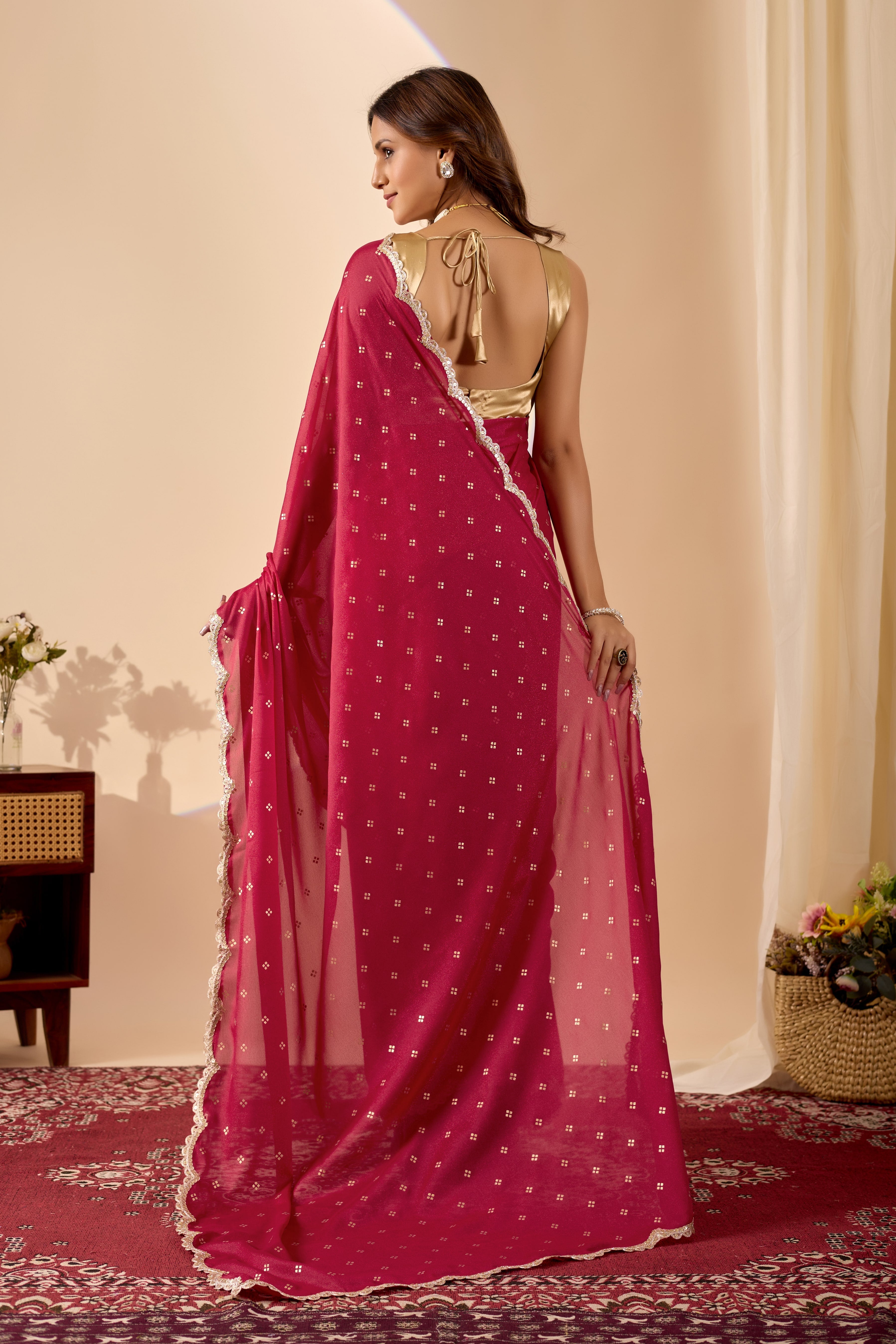 Regal Wine Red Poly Georgette Saree with a Luxurious Gold Satin Blouse.