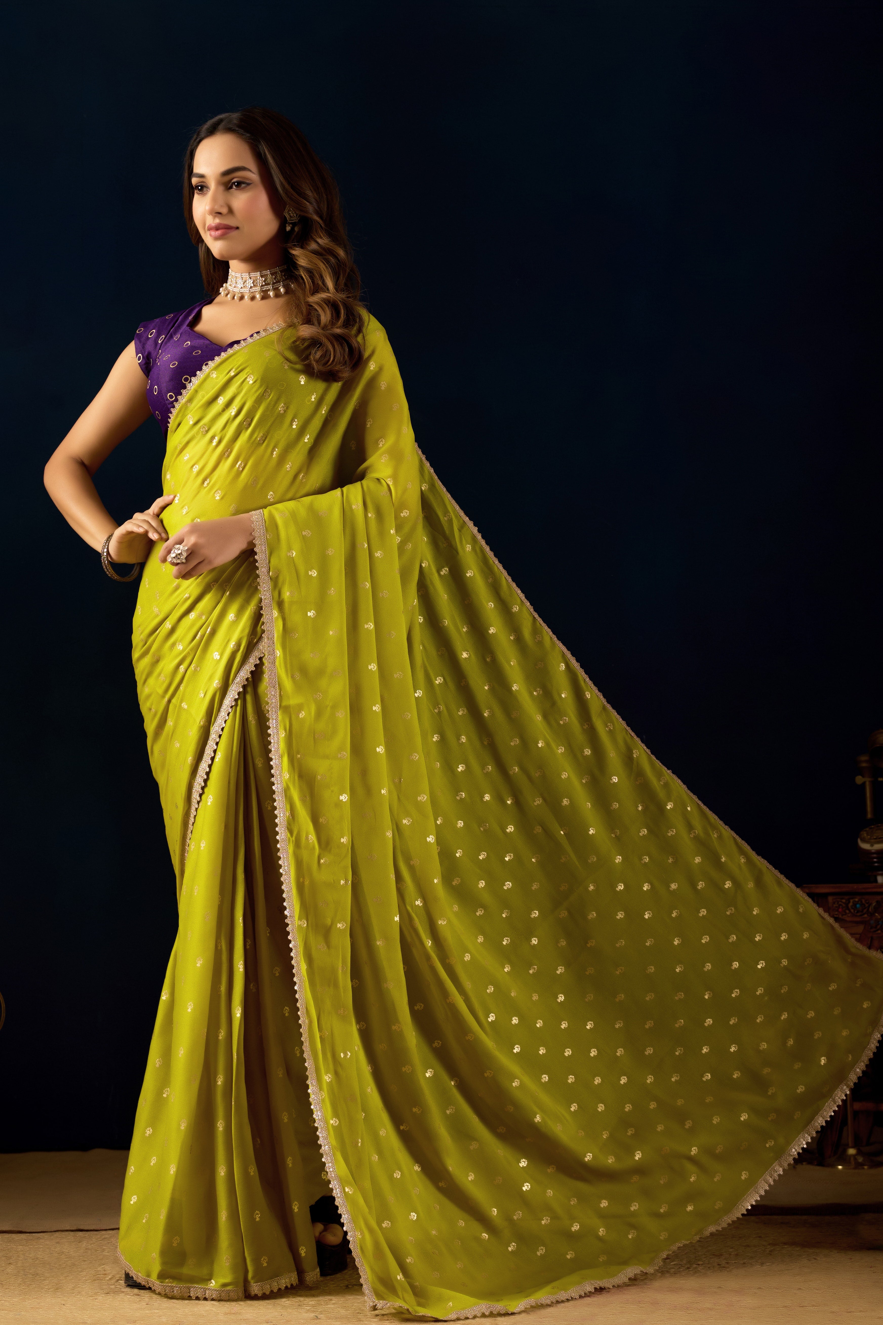 Lime Olive Dotted Saree featuring a Scalloped Lace Border
