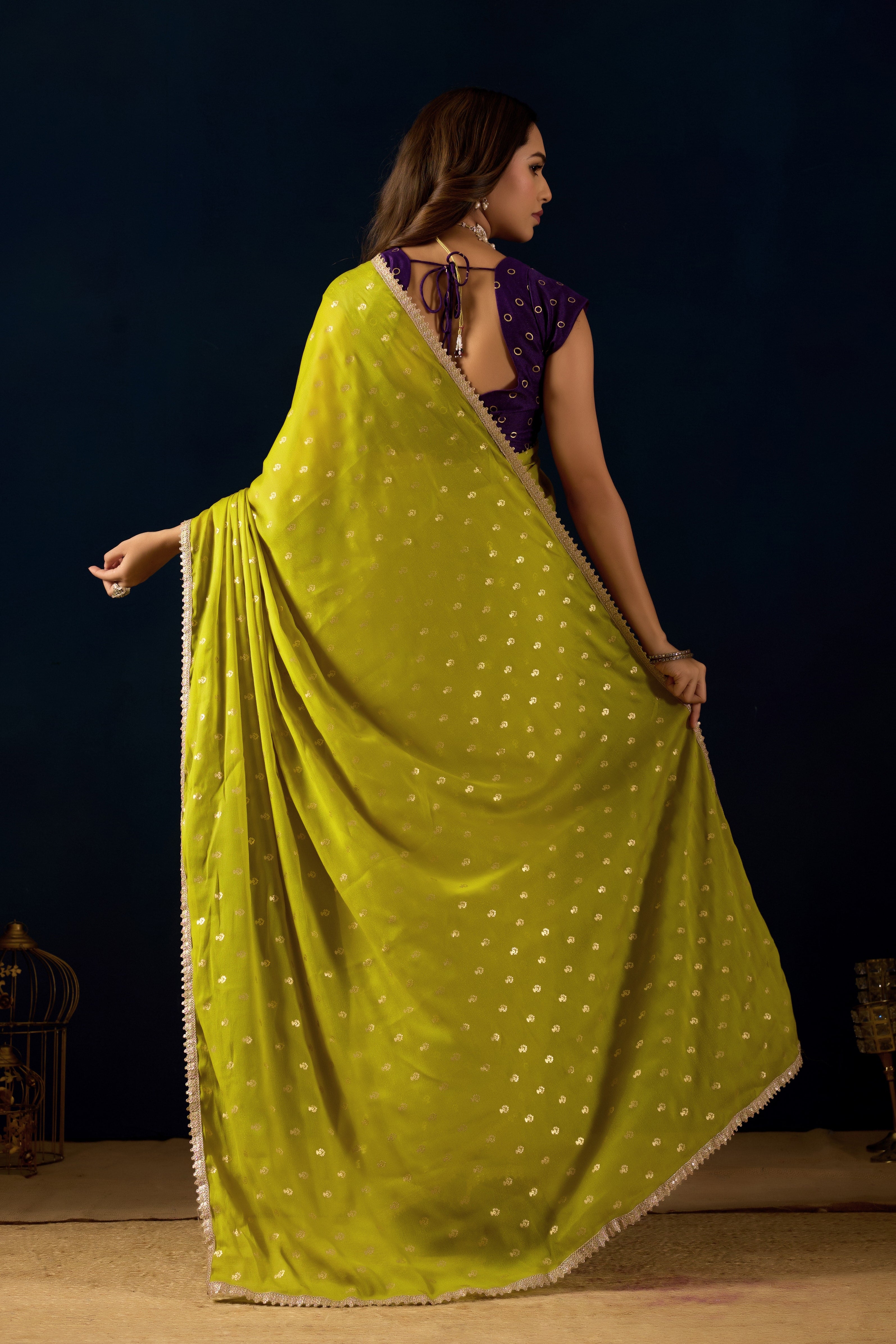 Lime Olive Dotted Saree featuring a Scalloped Lace Border