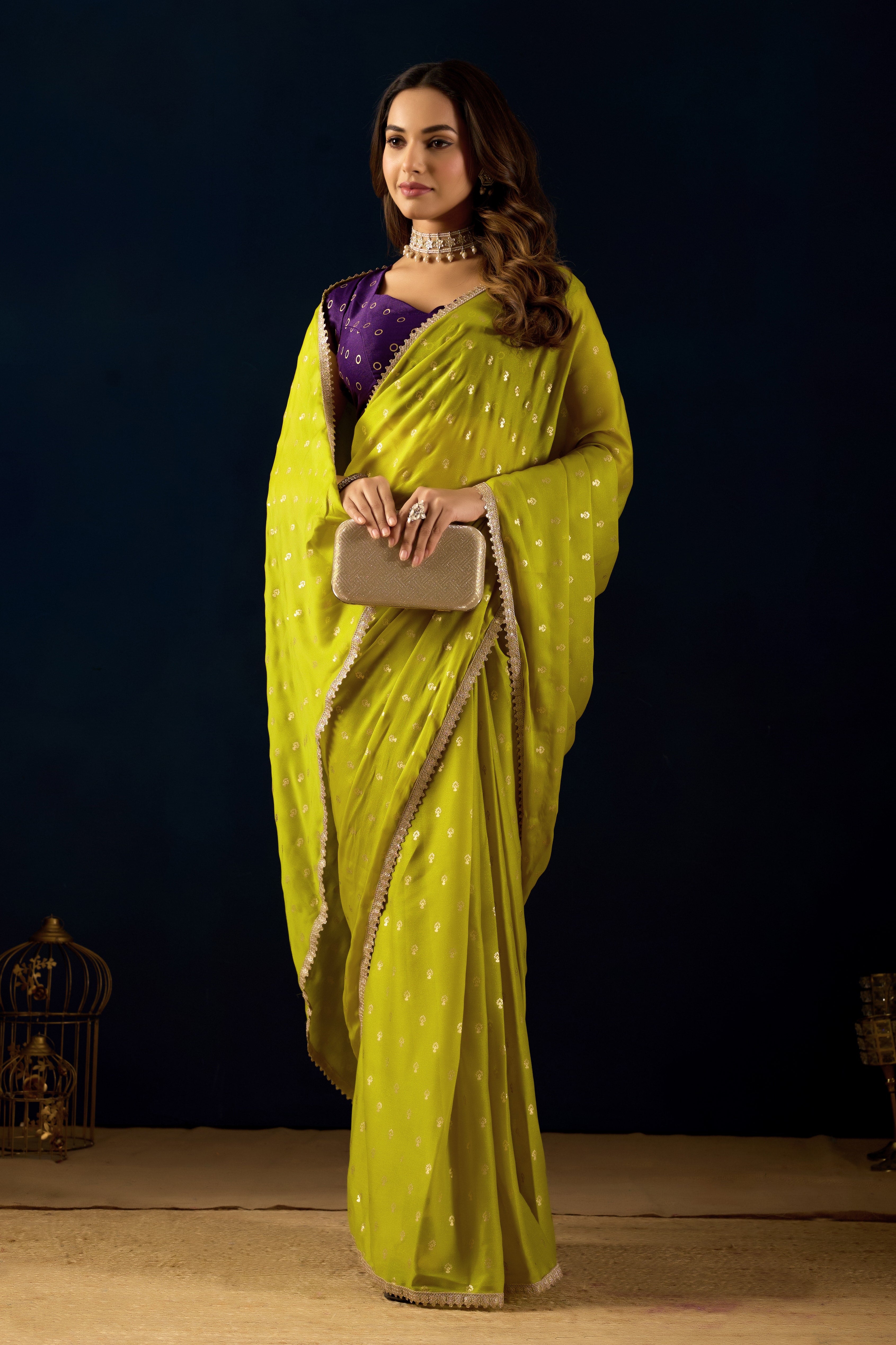 Lime Olive Dotted Saree featuring a Scalloped Lace Border
