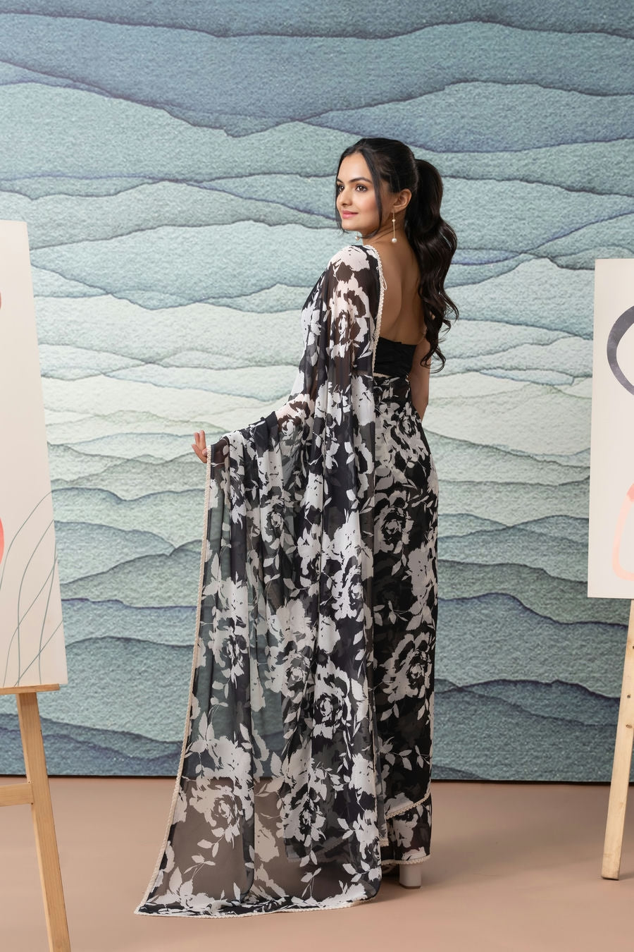 Georgette Black n White Floral Printed Ready to Wear Saree