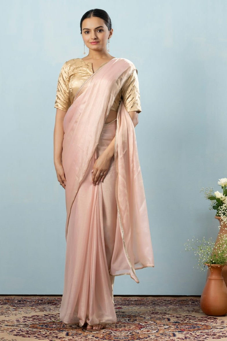 Glass Tissue Chiffon Bollywood Prestitched Ready To Wear Saree with Golden Foil Jaquard Blouse Piece