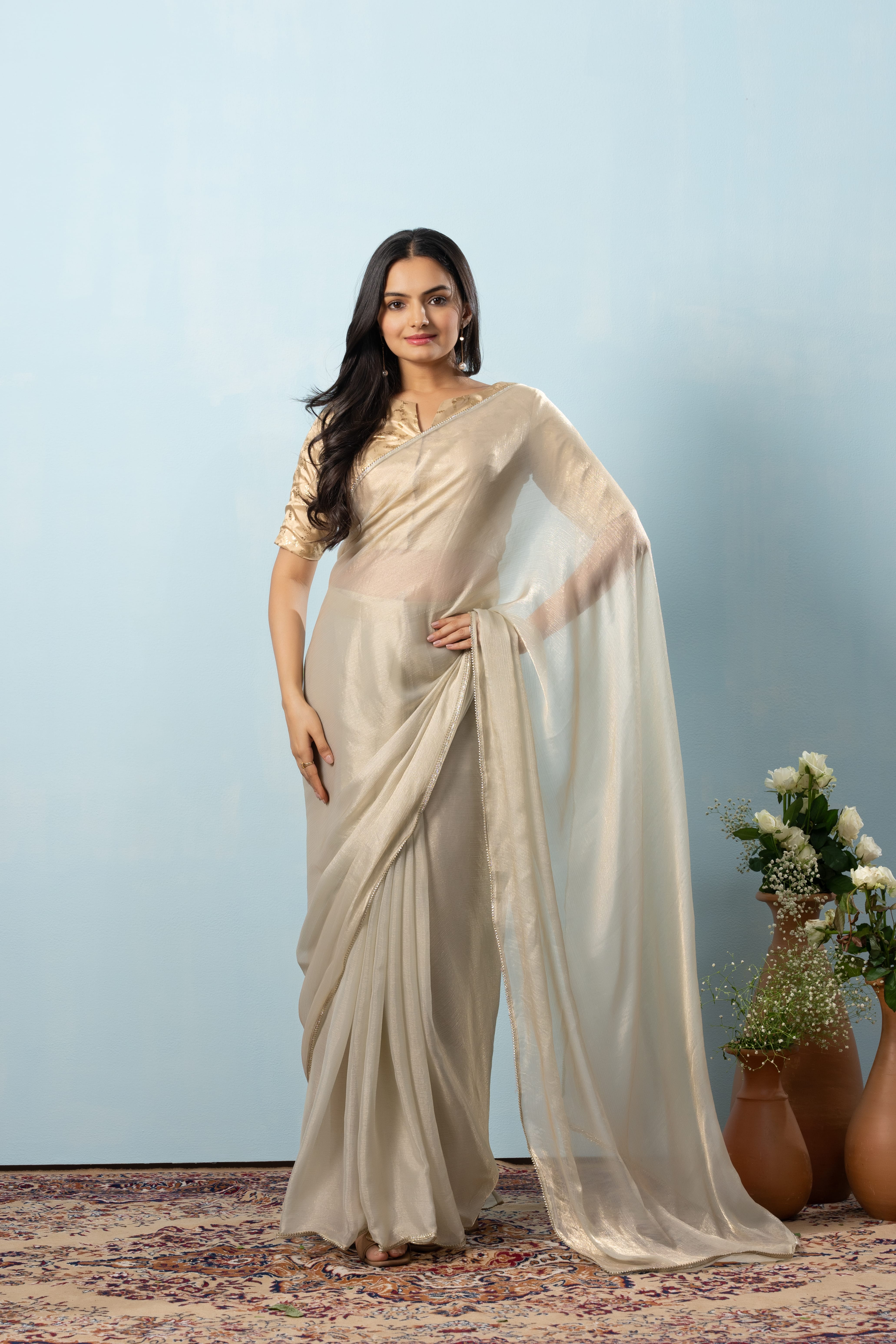 Glass Tissue Chiffon Bollywood Prestitched Ready To Wear Green Saree