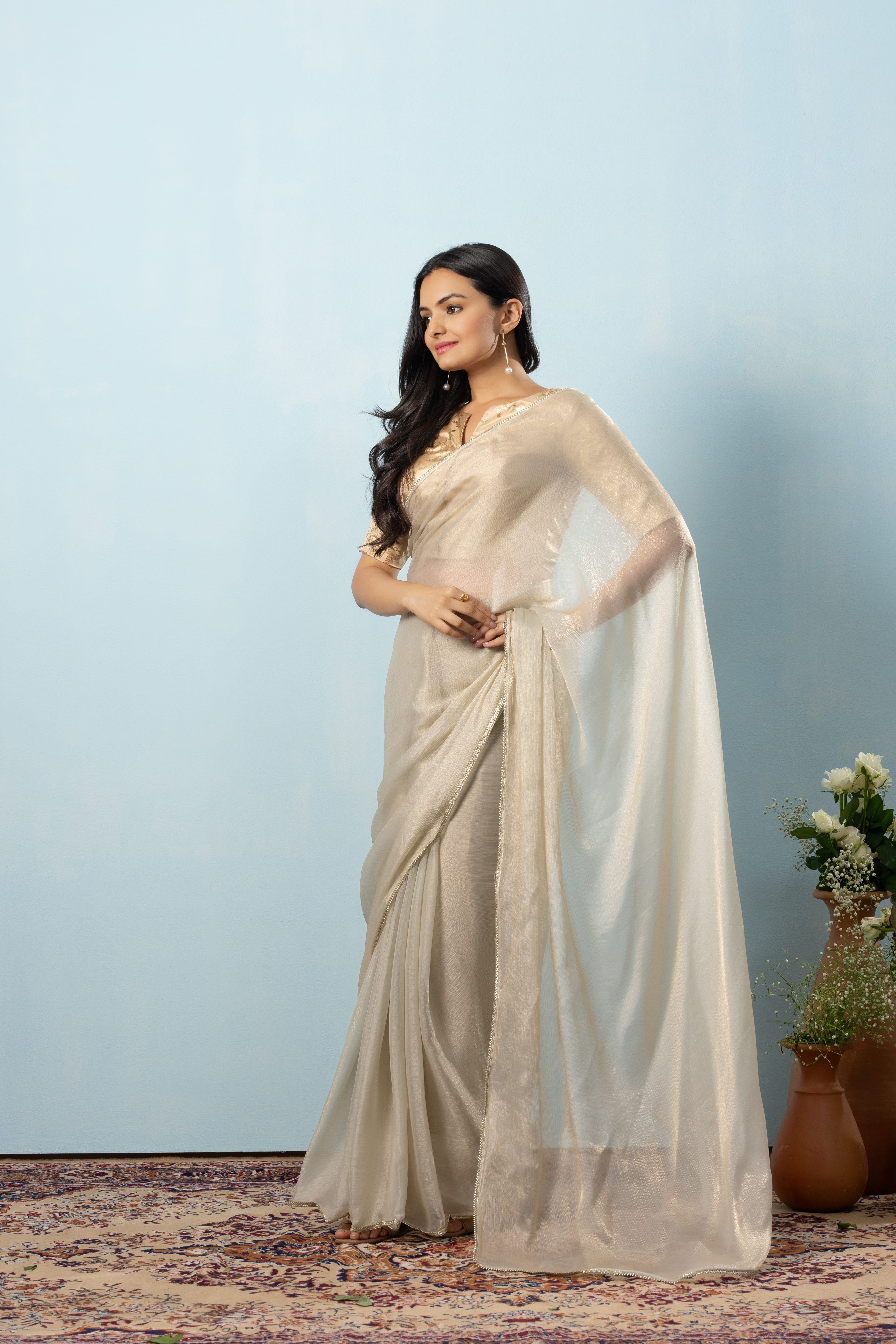Glass Tissue Chiffon Bollywood Prestitched Ready To Wear Green Saree