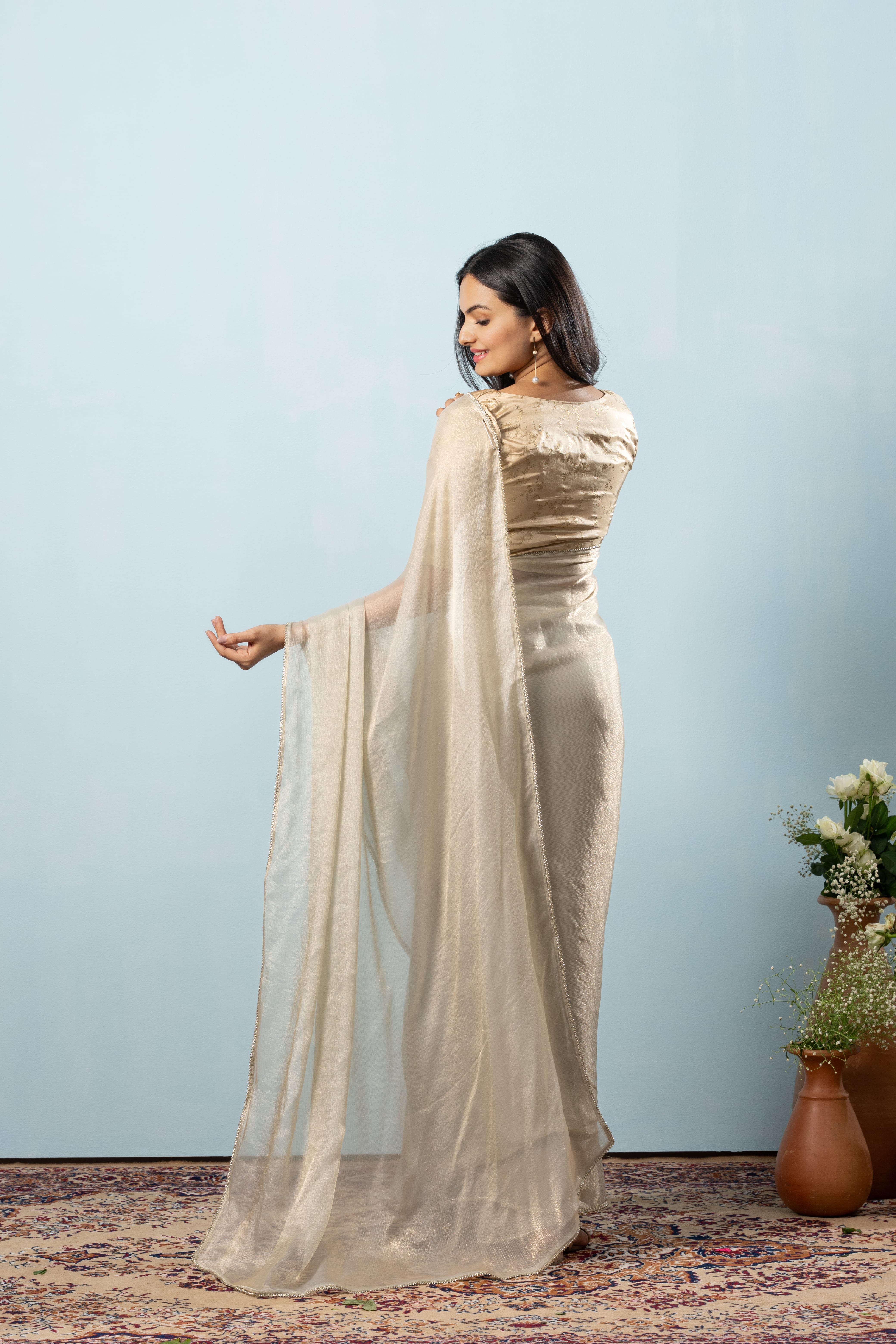 Glass Tissue Chiffon Bollywood Prestitched Ready To Wear Green Saree
