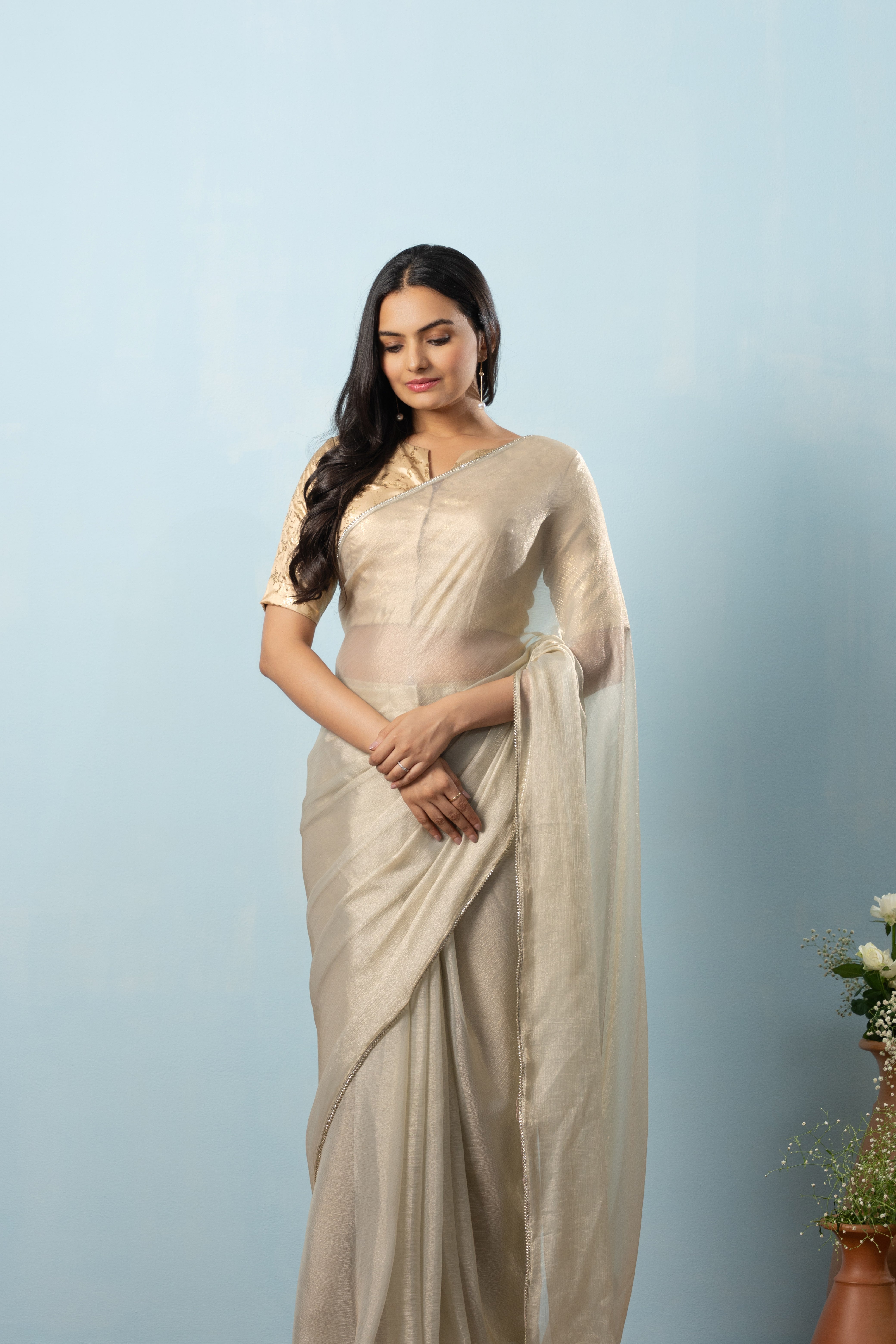 Glass Tissue Chiffon Bollywood Prestitched Ready To Wear Green Saree