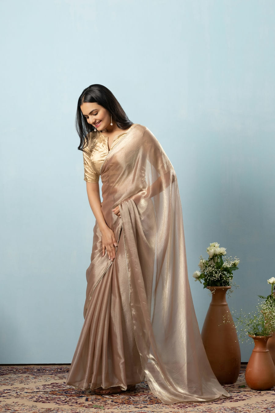 Glass Tissue Chiffon Bollywood Prestitched Ready To Wear Brown Saree