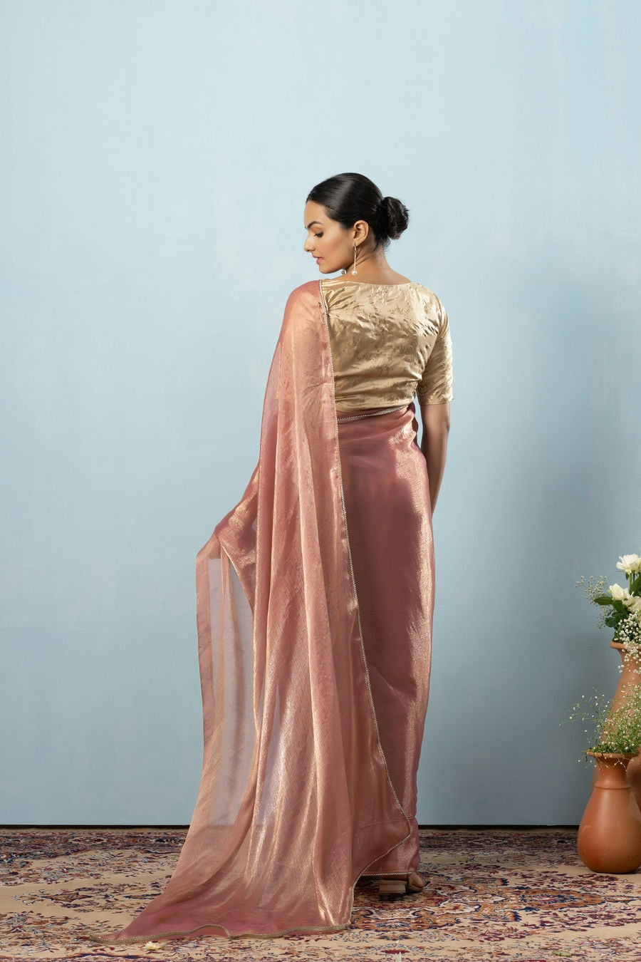 Glass Tissue Chiffon Bollywood Prestitched Ready To Wear Saree with Golden Foil Jaquard Blouse Piece