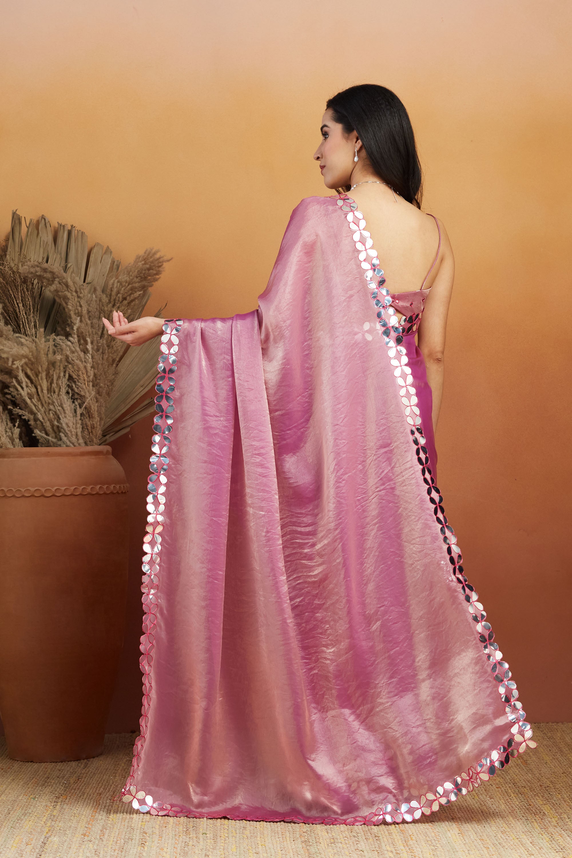 Ari Glass Designer Lace Work Shiney Glass Tissue Saree