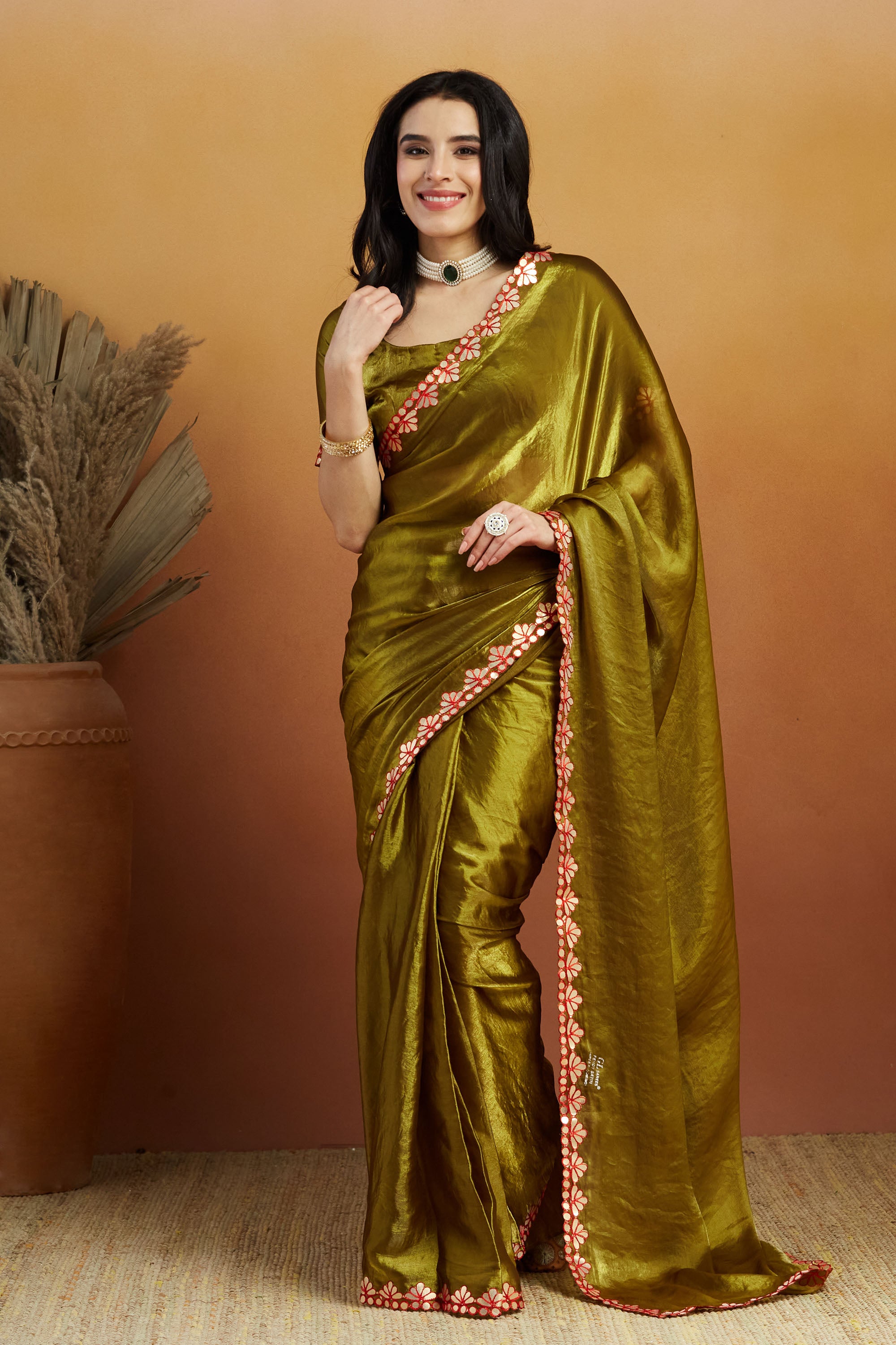 Gotta Aari Mirror Work Mehendi Satin Tissue Bordered Saree