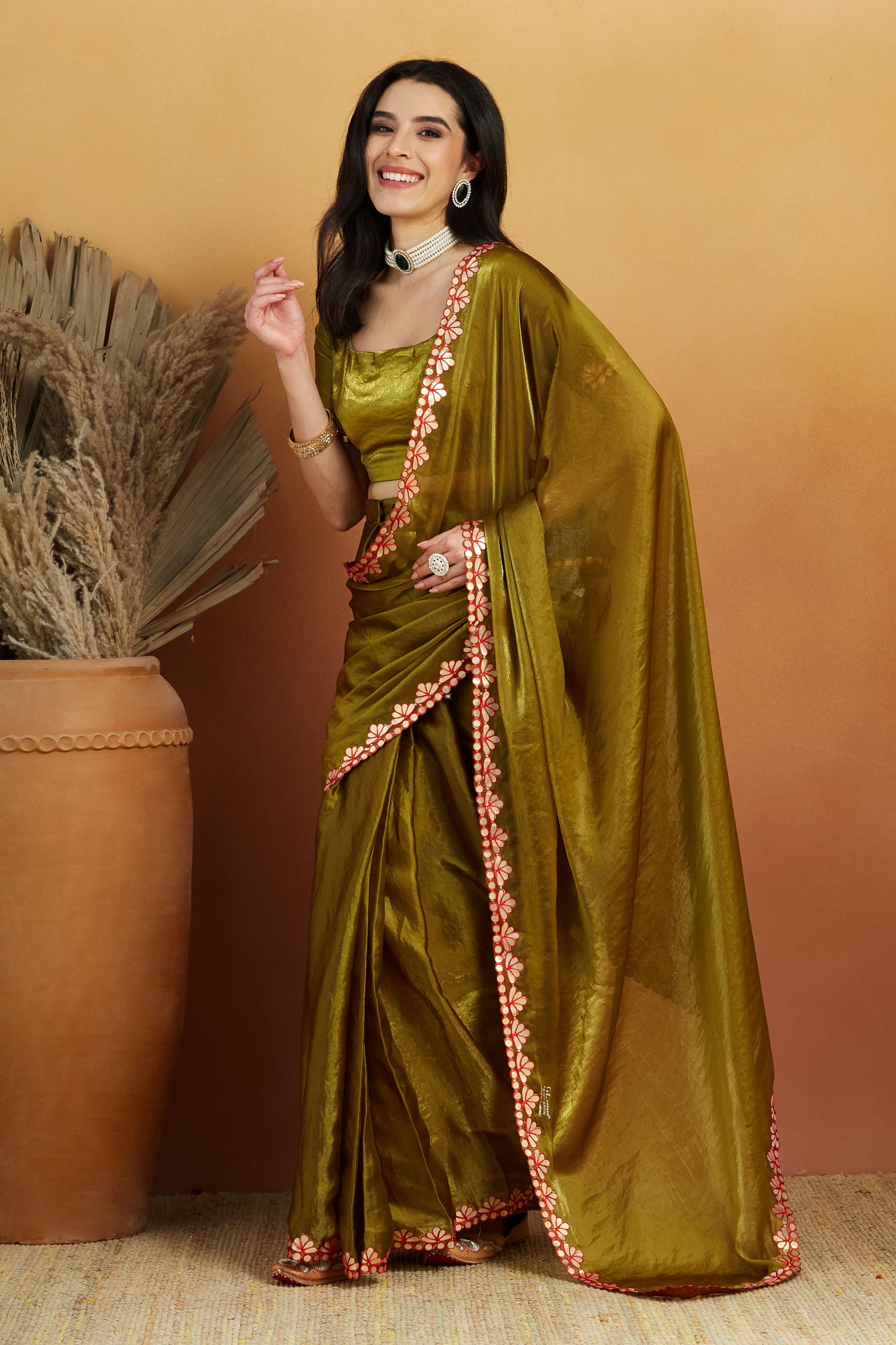 Gotta Aari Mirror Work Mehendi Satin Tissue Bordered Saree