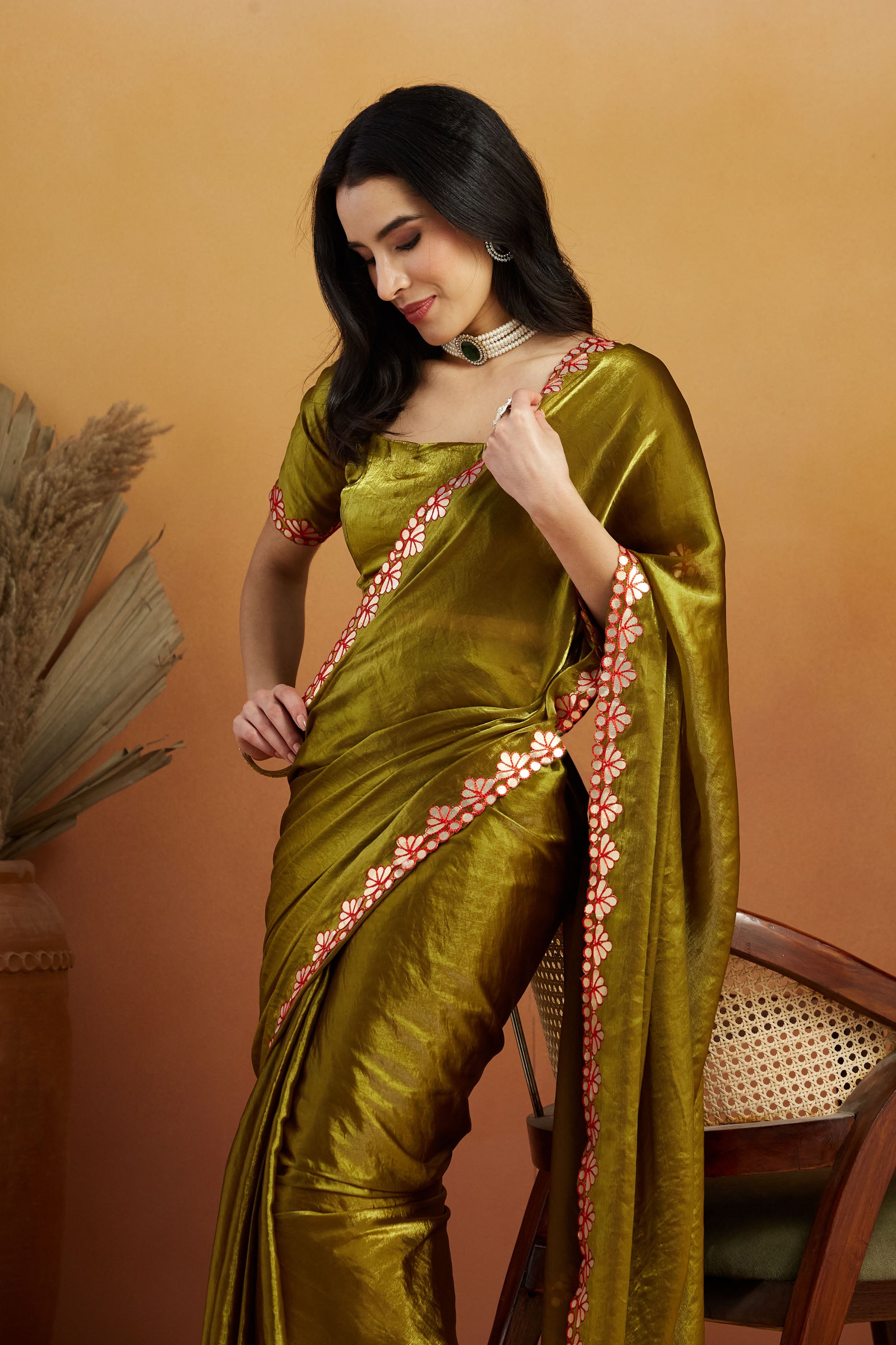 Gotta Aari Mirror Work Mehendi Satin Tissue Bordered Saree