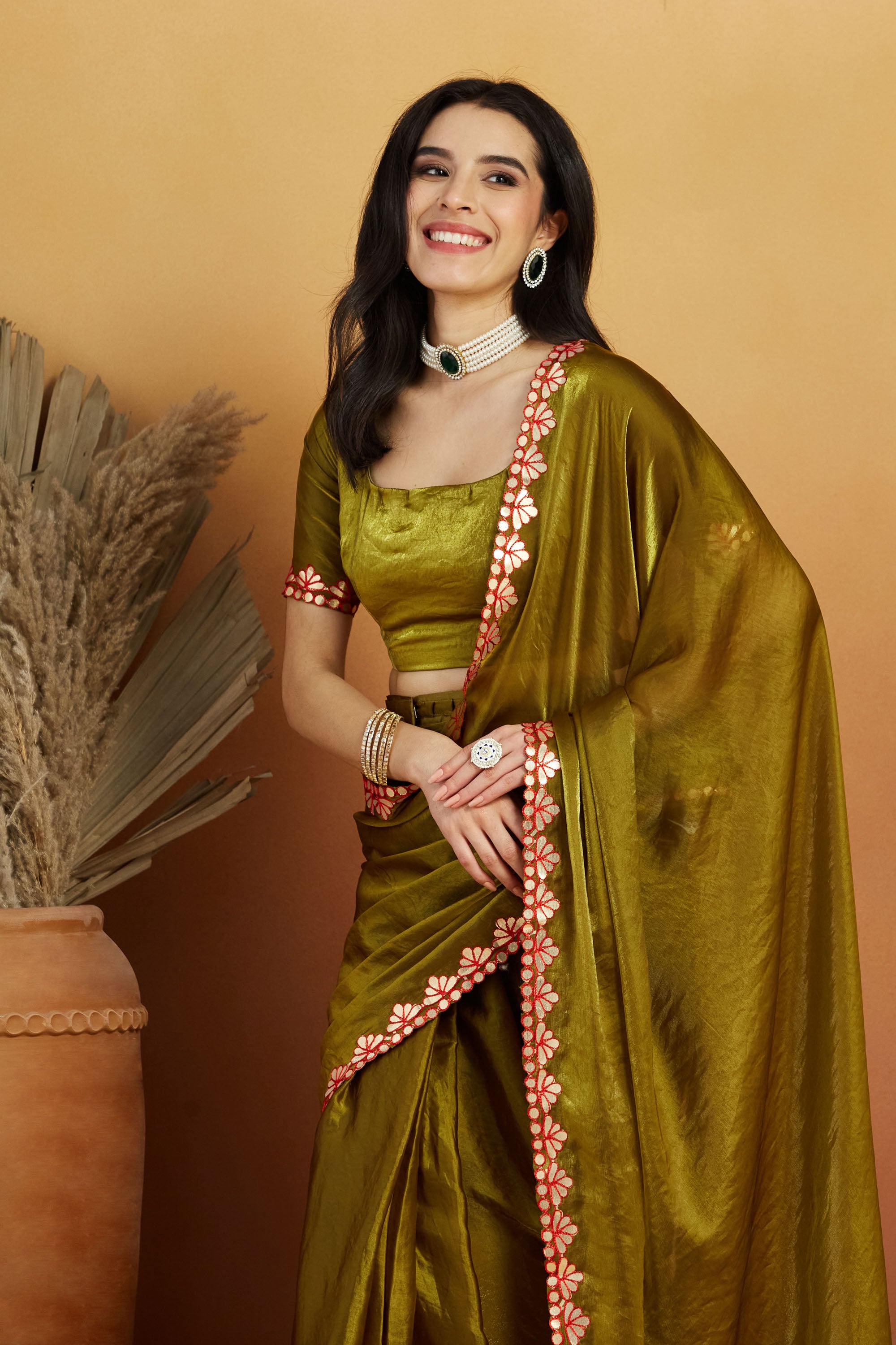 Gotta Aari Mirror Work Mehendi Satin Tissue Bordered Saree