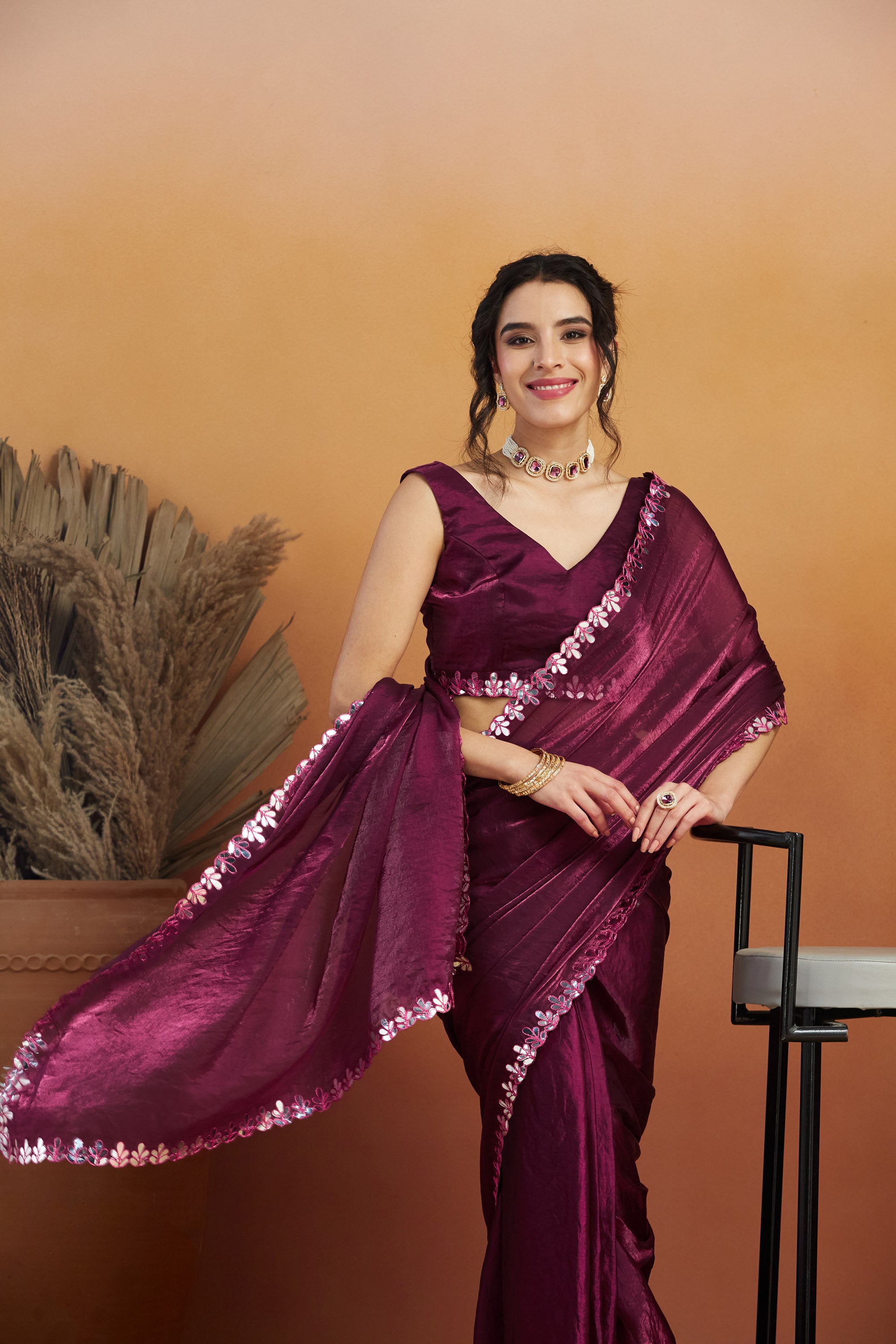 Gotta Aari Mirror Work Wine Satin Tissue Bordered Ready to Wear Saree