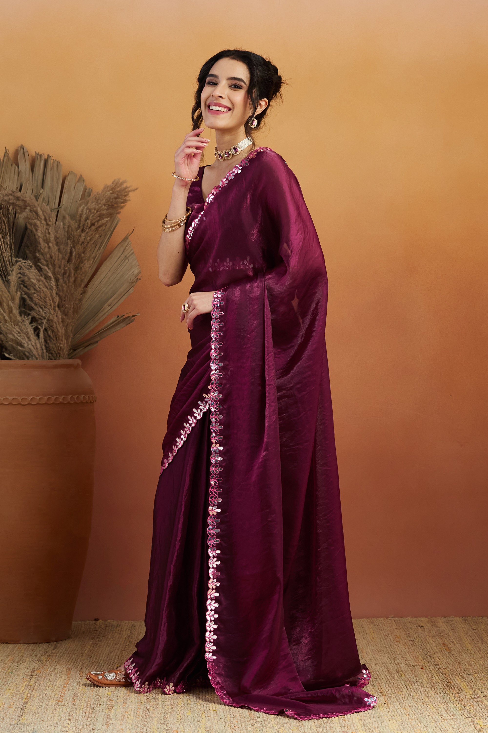 Gotta Aari Mirror Work Wine Satin Tissue Bordered  Saree