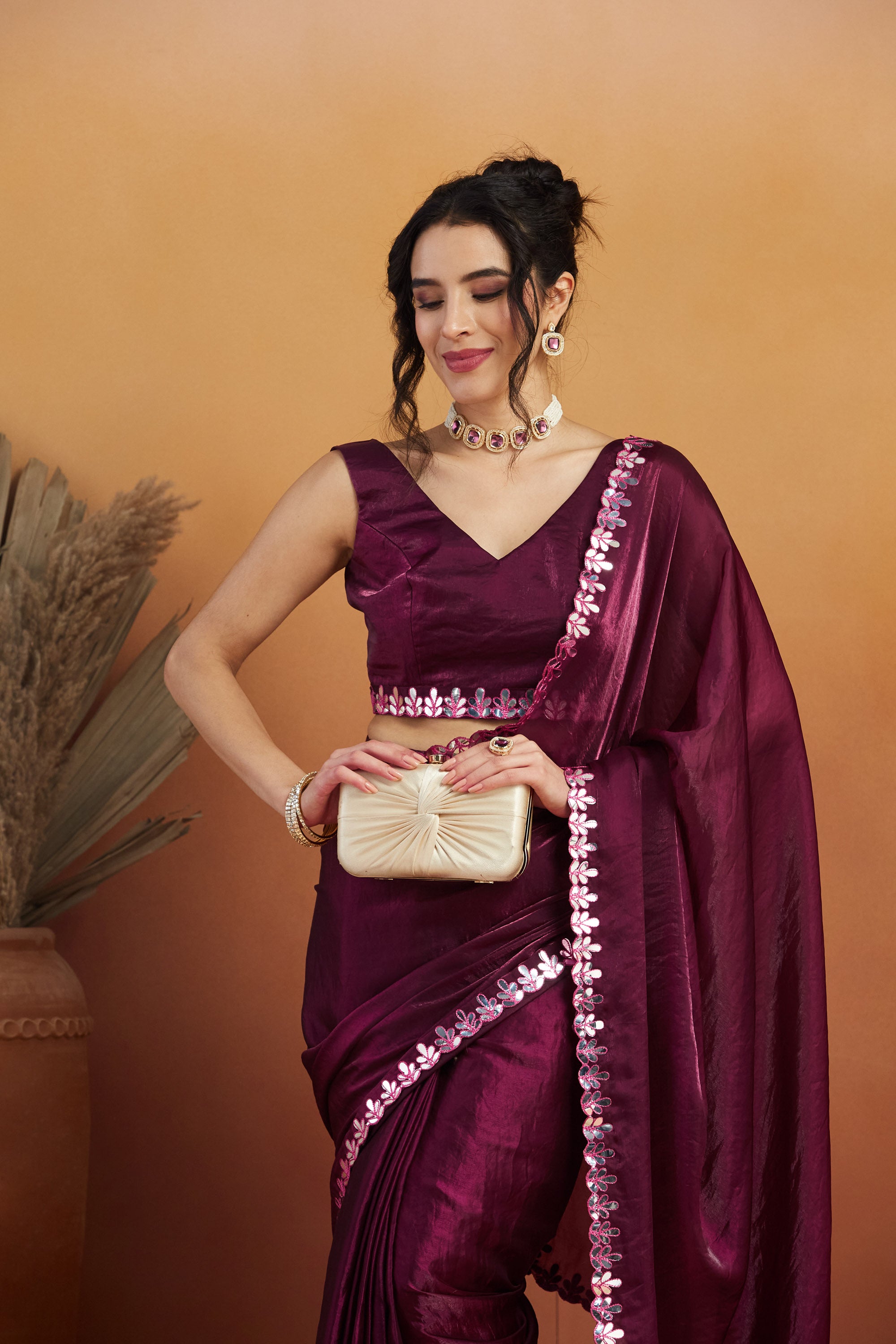Gotta Aari Mirror Work Wine Satin Tissue Bordered Ready to Wear Saree