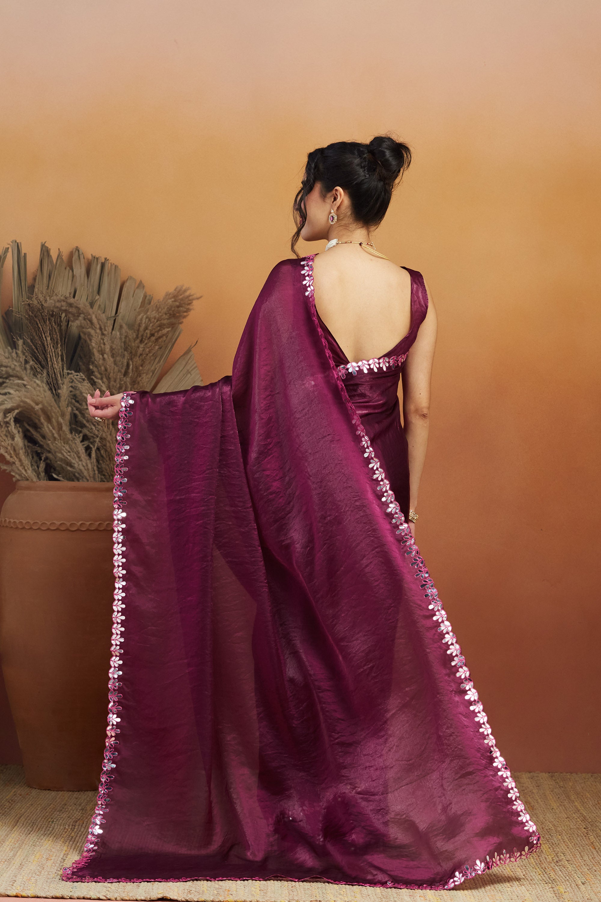 Gotta Aari Mirror Work Wine Satin Tissue Bordered Ready to Wear Saree