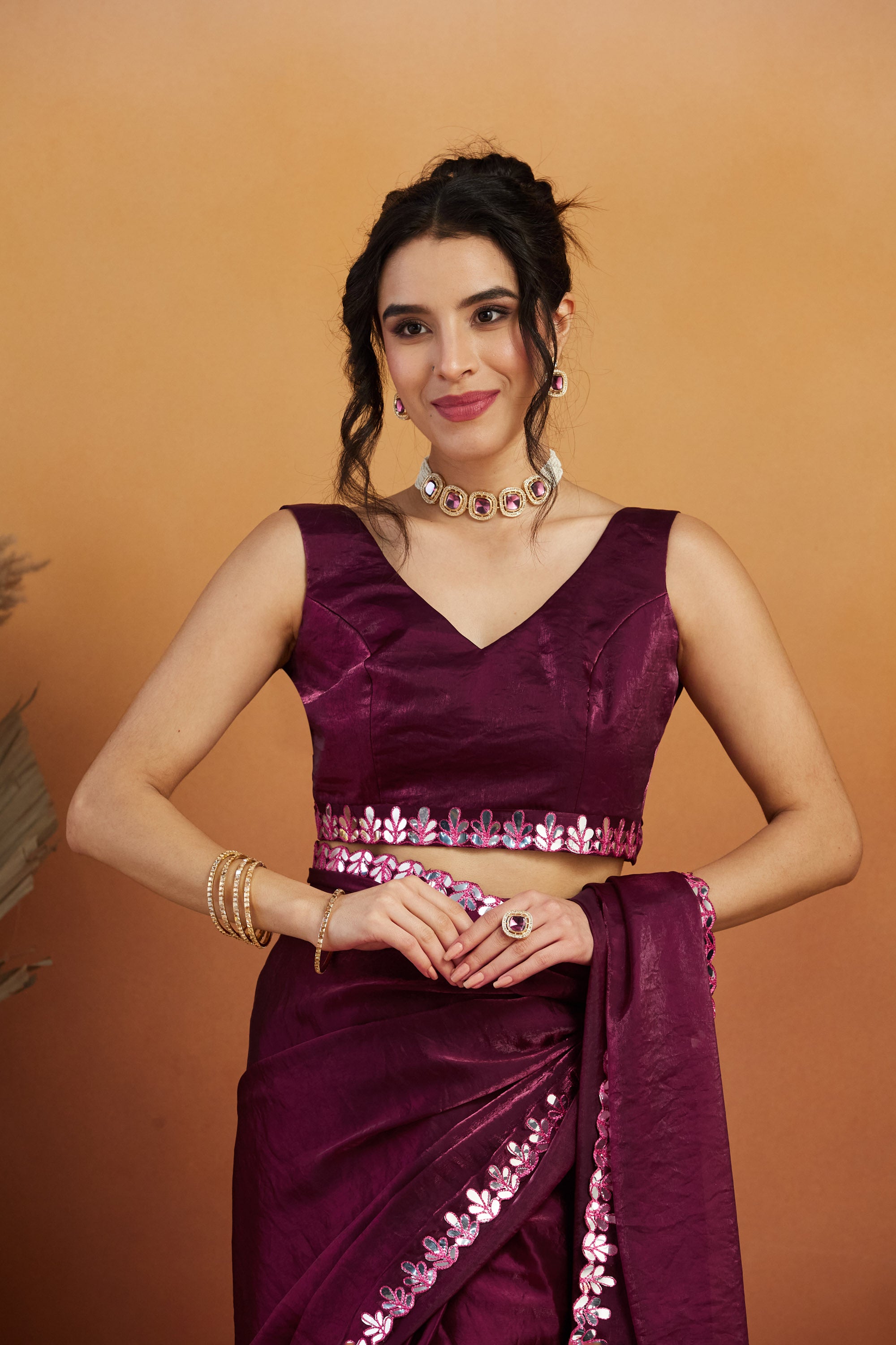 Gotta Aari Mirror Work Wine Satin Tissue Bordered Ready to Wear Saree