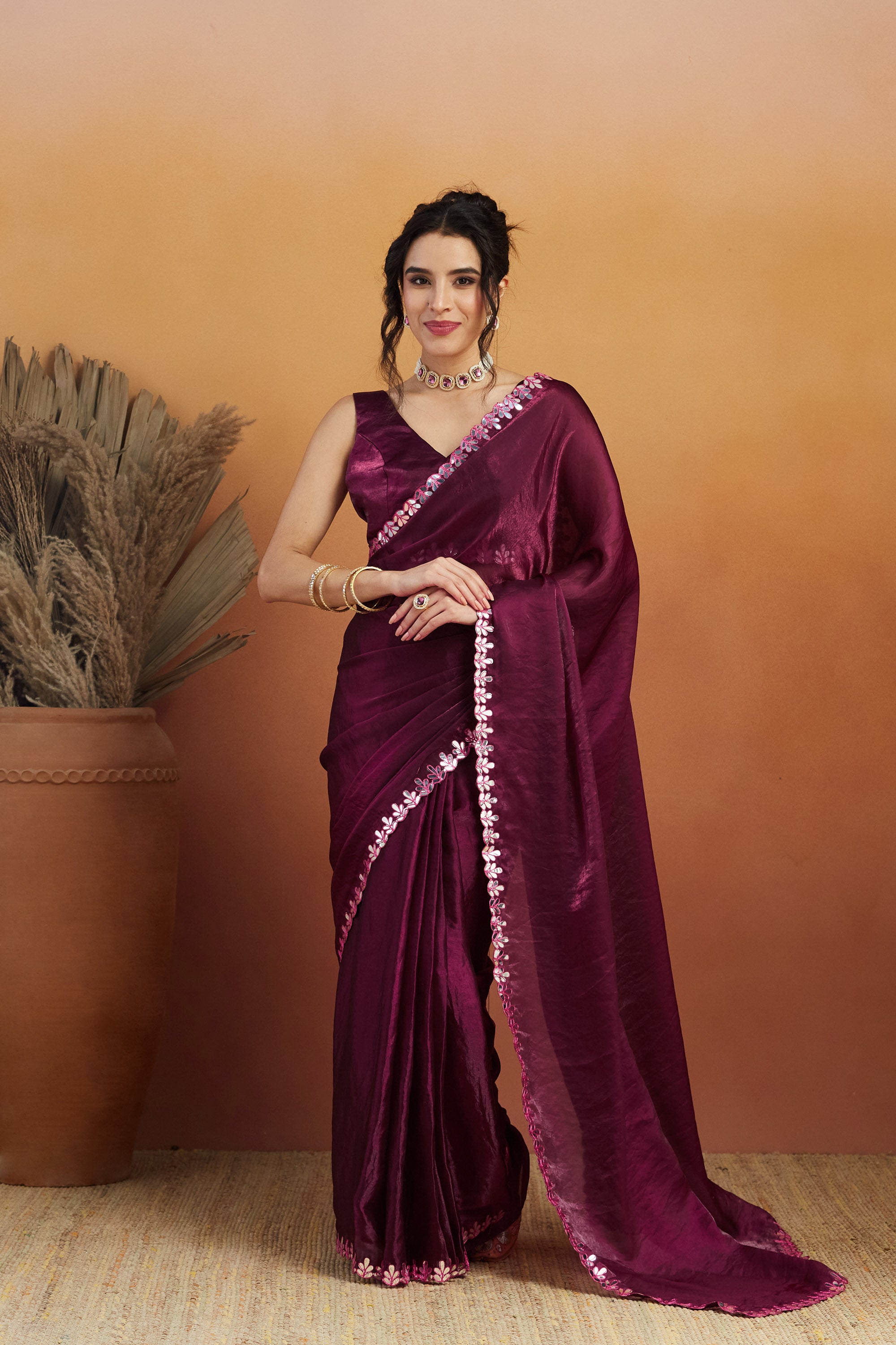 Gotta Aari Mirror Work Wine Satin Tissue Bordered Ready to Wear Saree