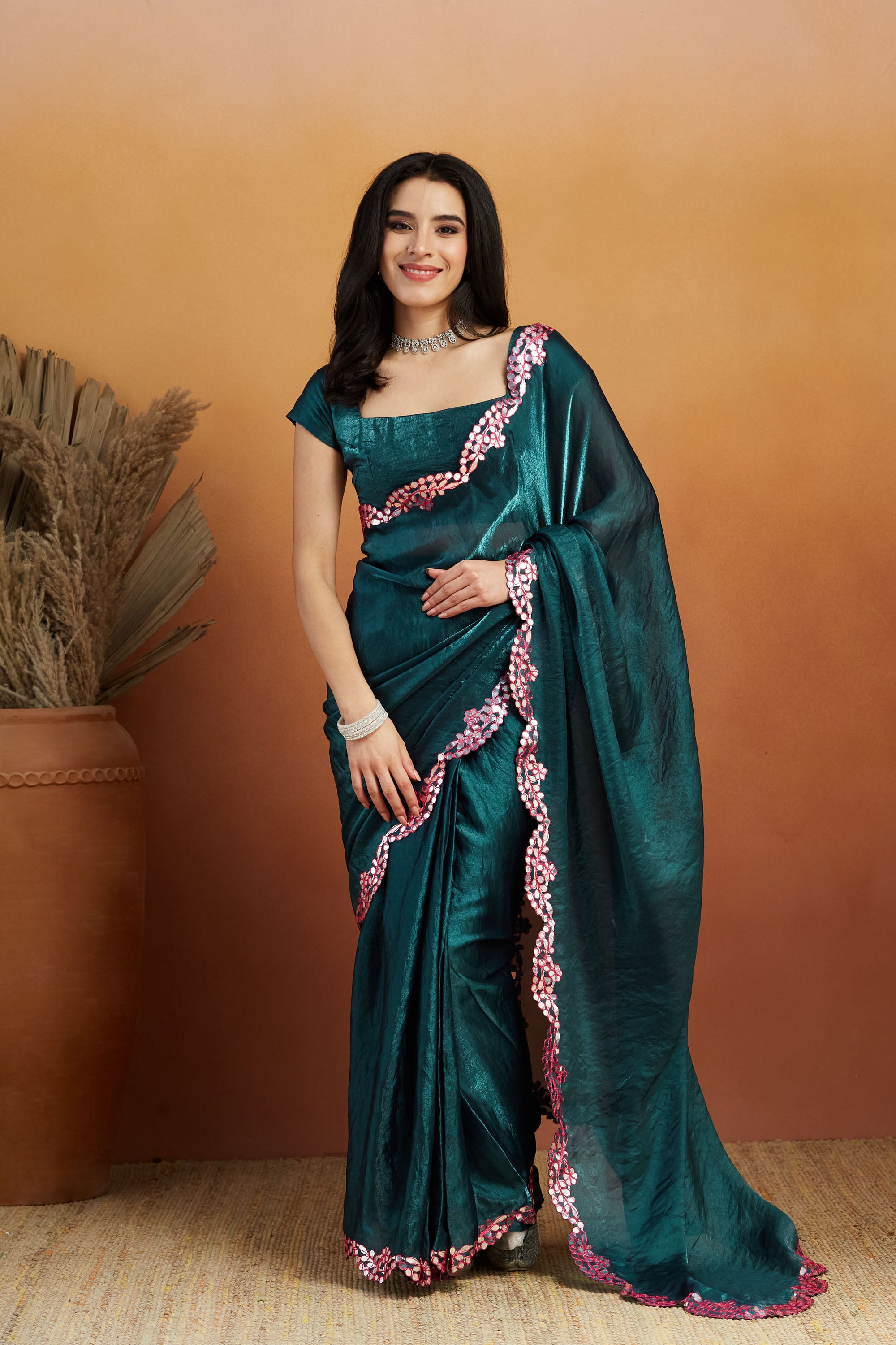 Aari Mirror Work Bluish Green Tissue Silk  Saree