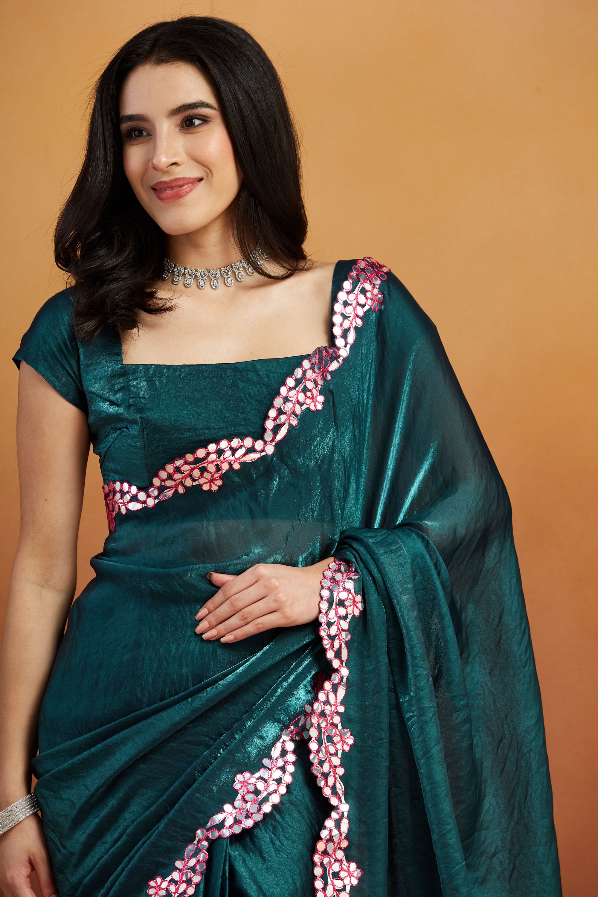 Aari Mirror Work Bluish Green Tissue Silk  Saree