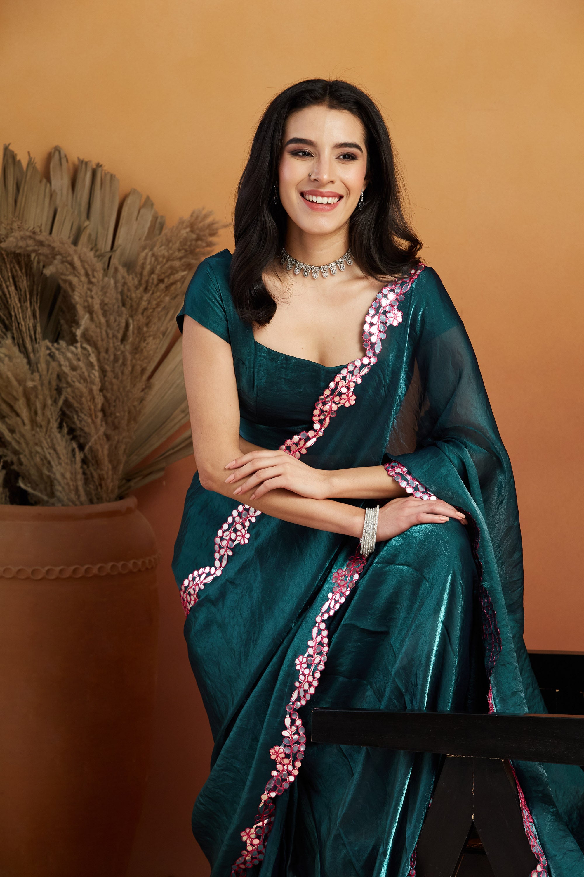 Aari Mirror Work Bluish Green Tissue Silk  Saree