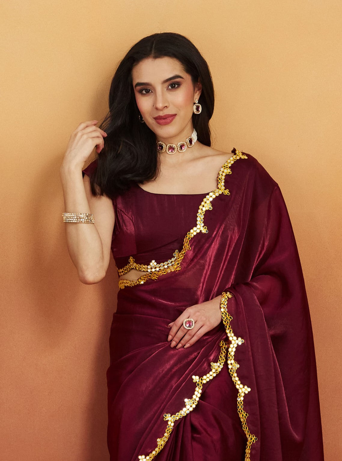 Aari Mirror Work Purple Maroon Glass Tissue Saree