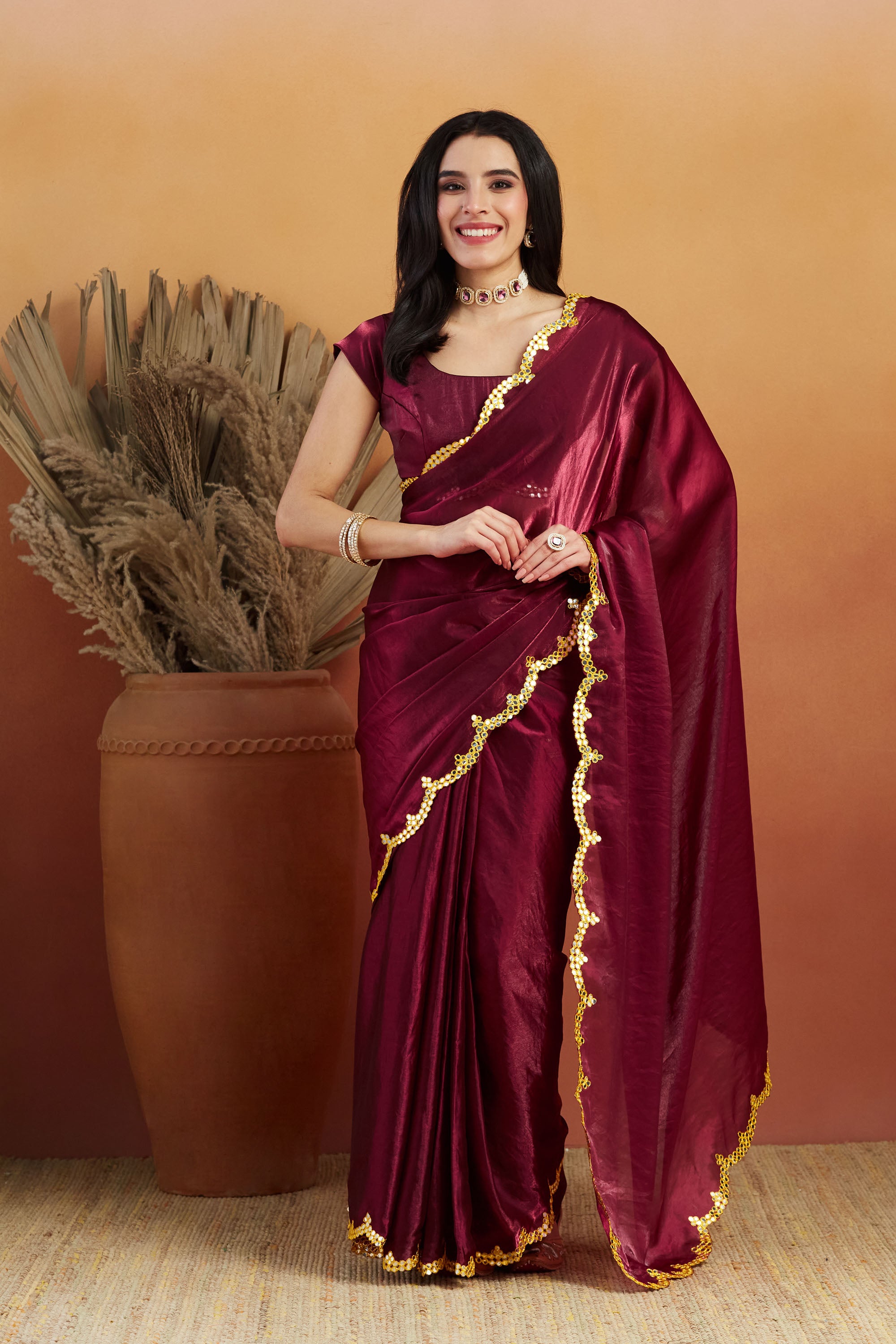 Aari Mirror Work Purple Maroon Glass Tissue Saree