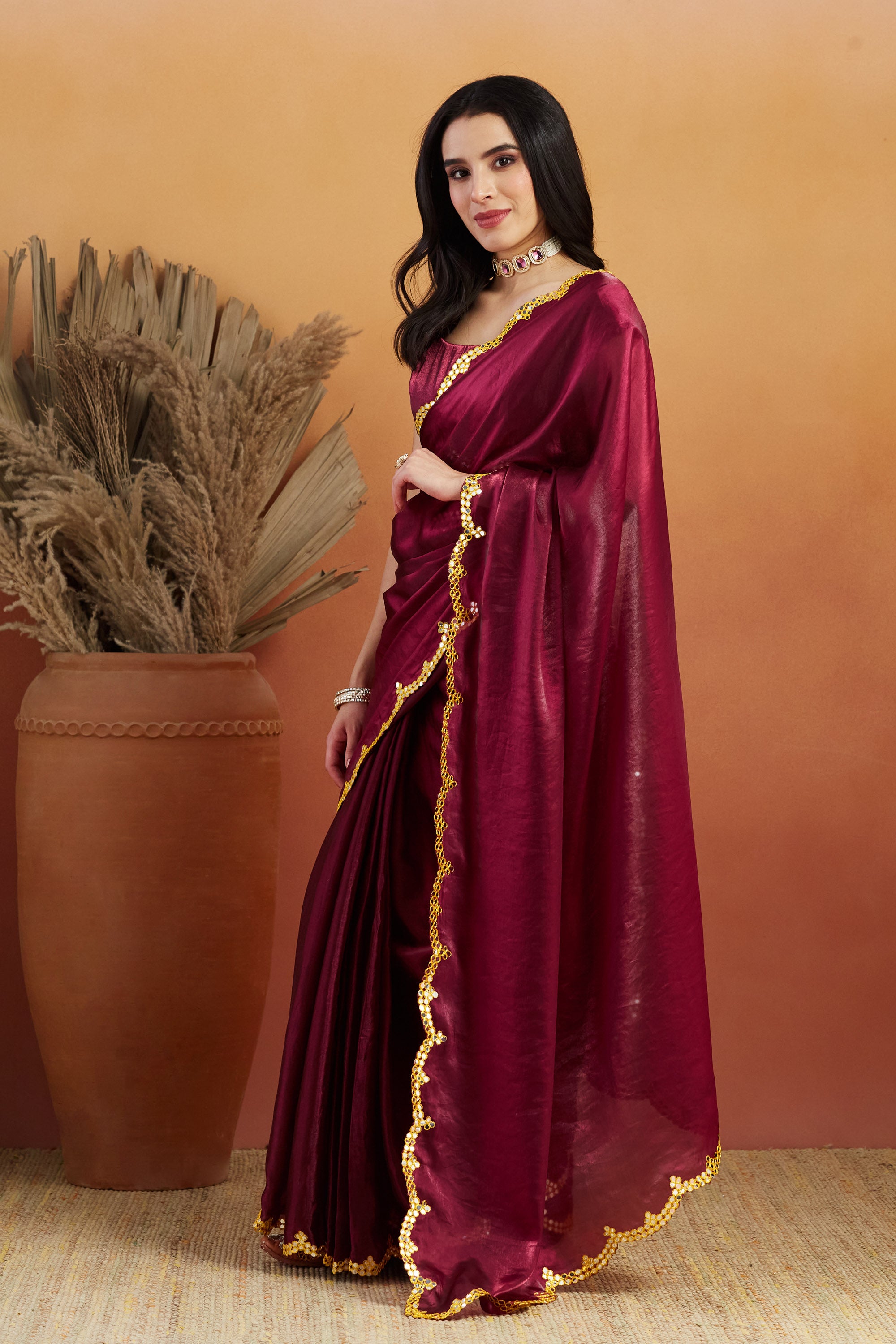 Aari Mirror Work Purple Maroon Glass Tissue Saree