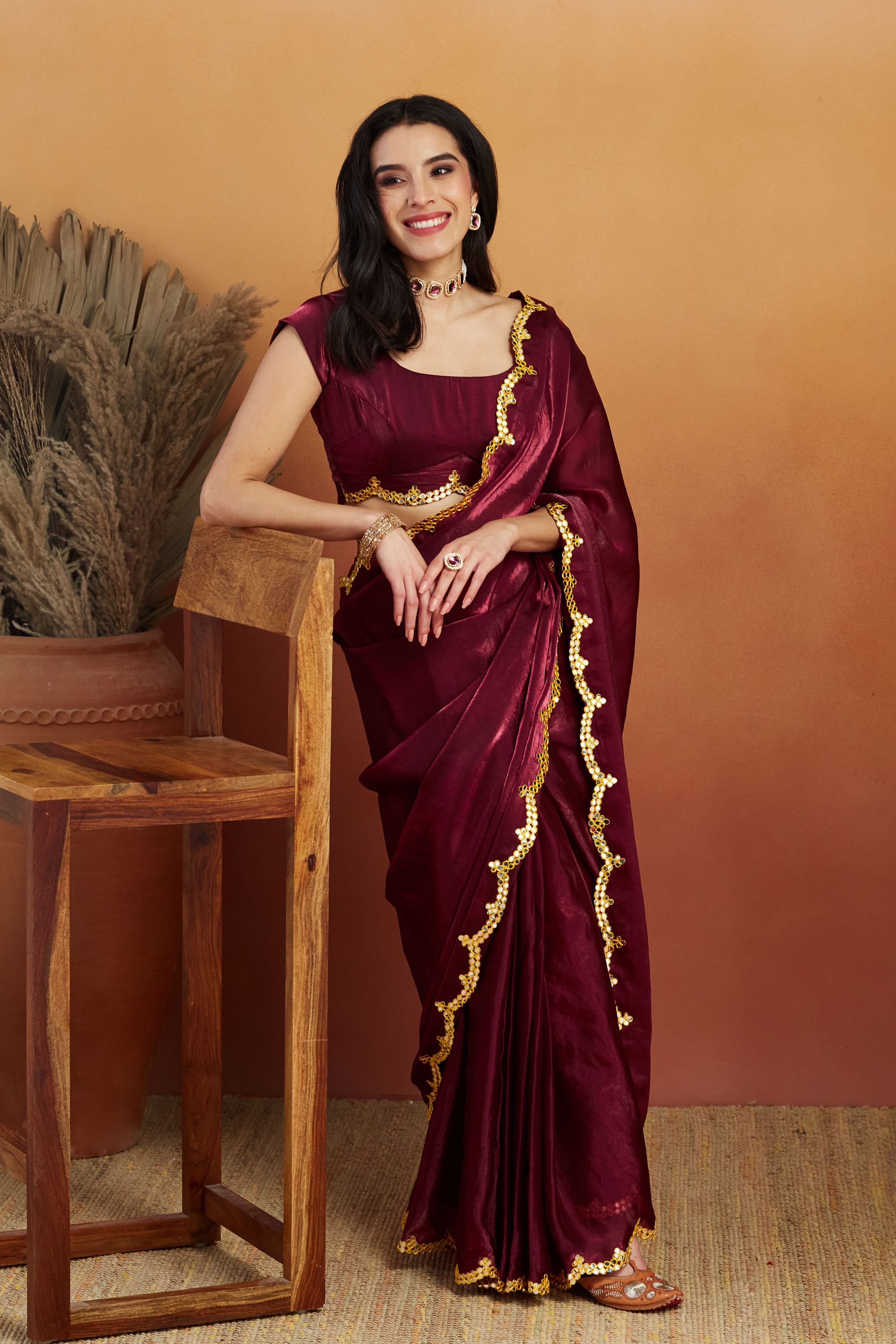 Aari Mirror Work Purple Maroon Glass Tissue Saree