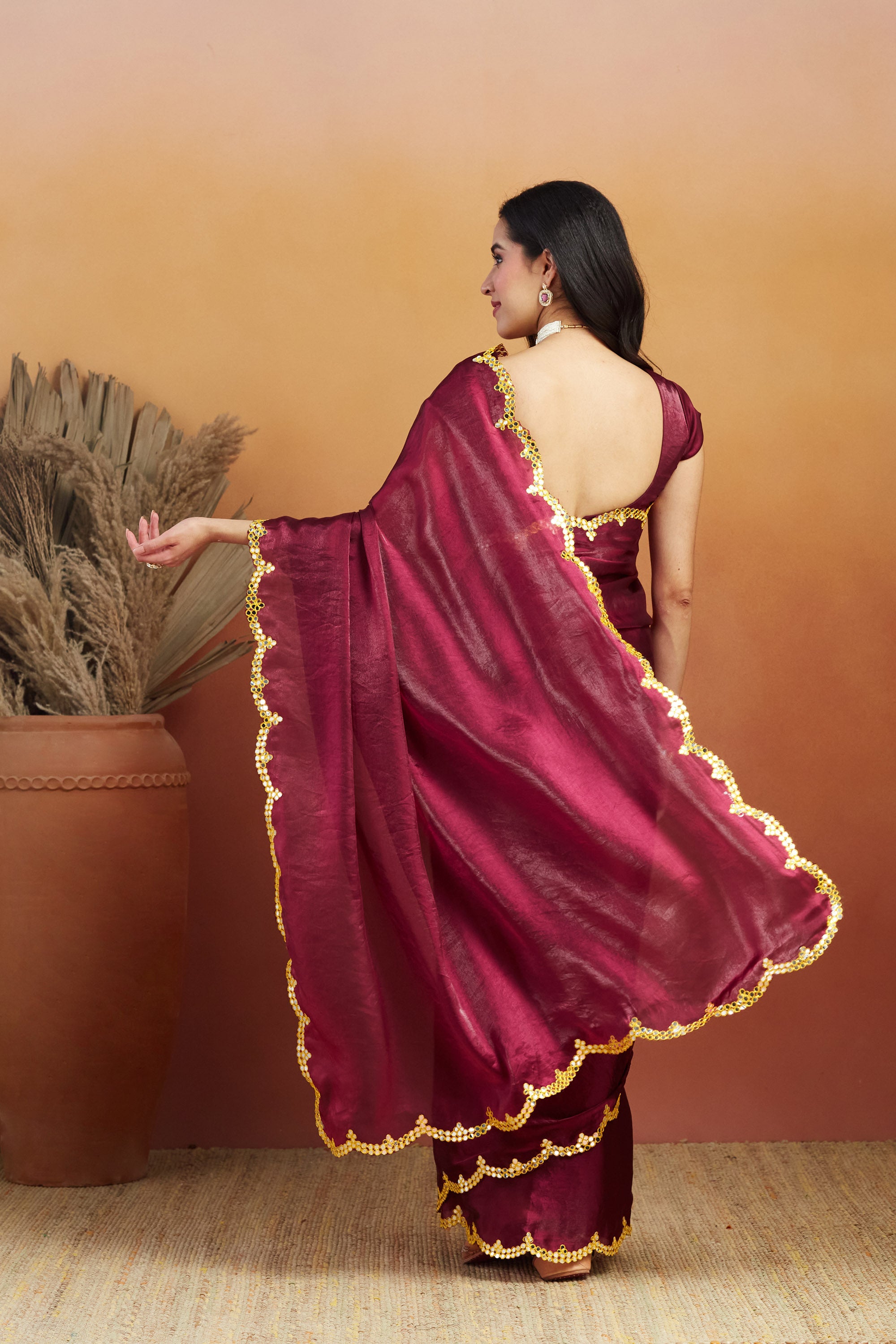 Aari Mirror Work Purple Maroon Glass Tissue Saree