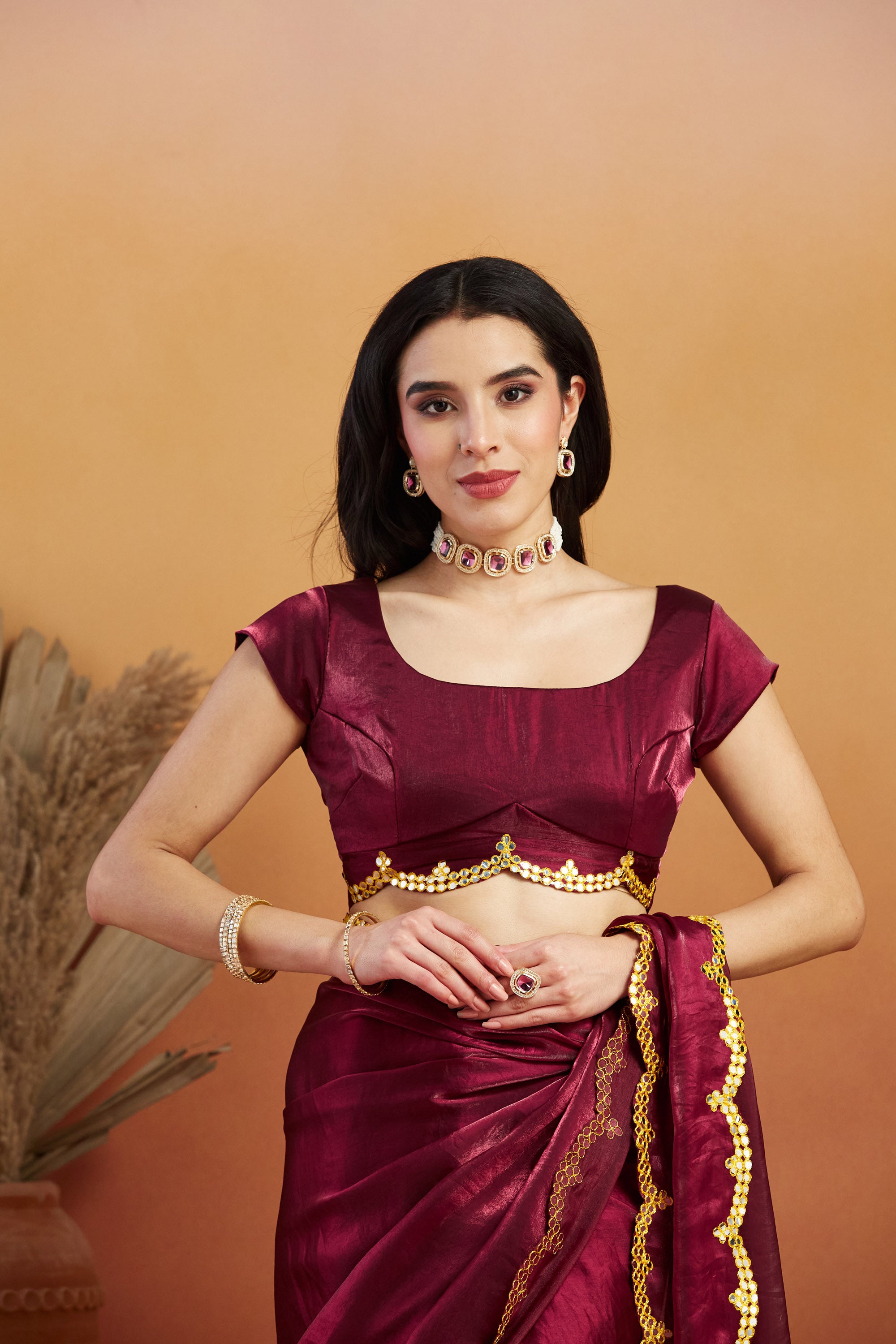 Aari Mirror Work Purple Maroon Glass Tissue Saree