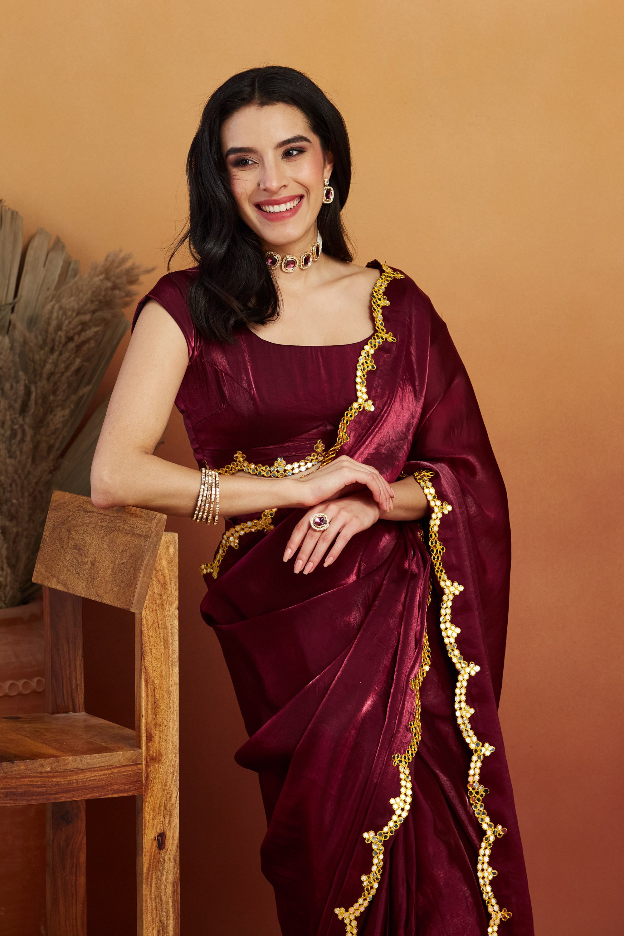 Aari Mirror Work Purple Maroon Glass Tissue Saree