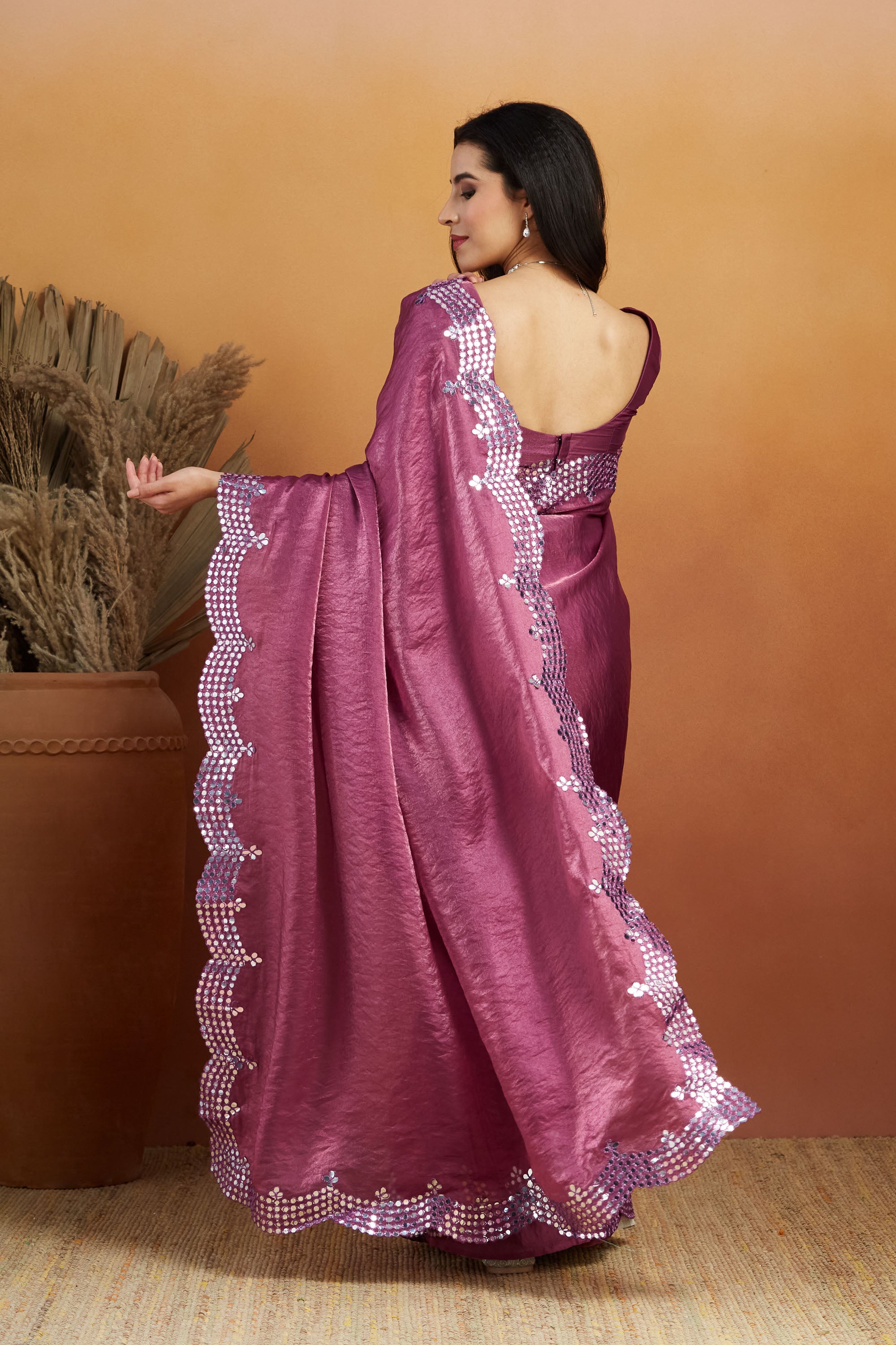 Aari Mirror Work Fandy Glass Tissue  Saree