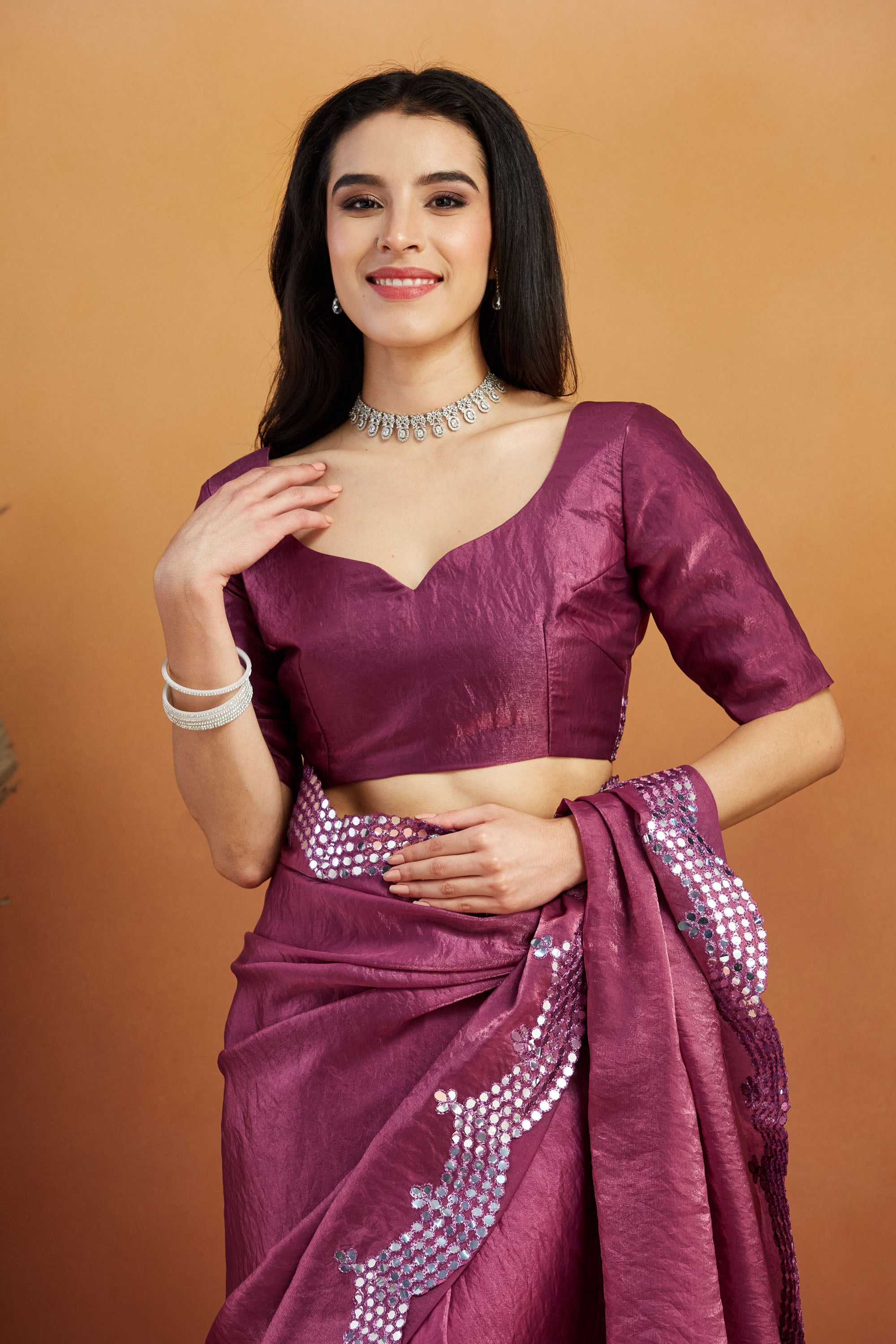 Aari Mirror Work Fandy Glass Tissue  Saree