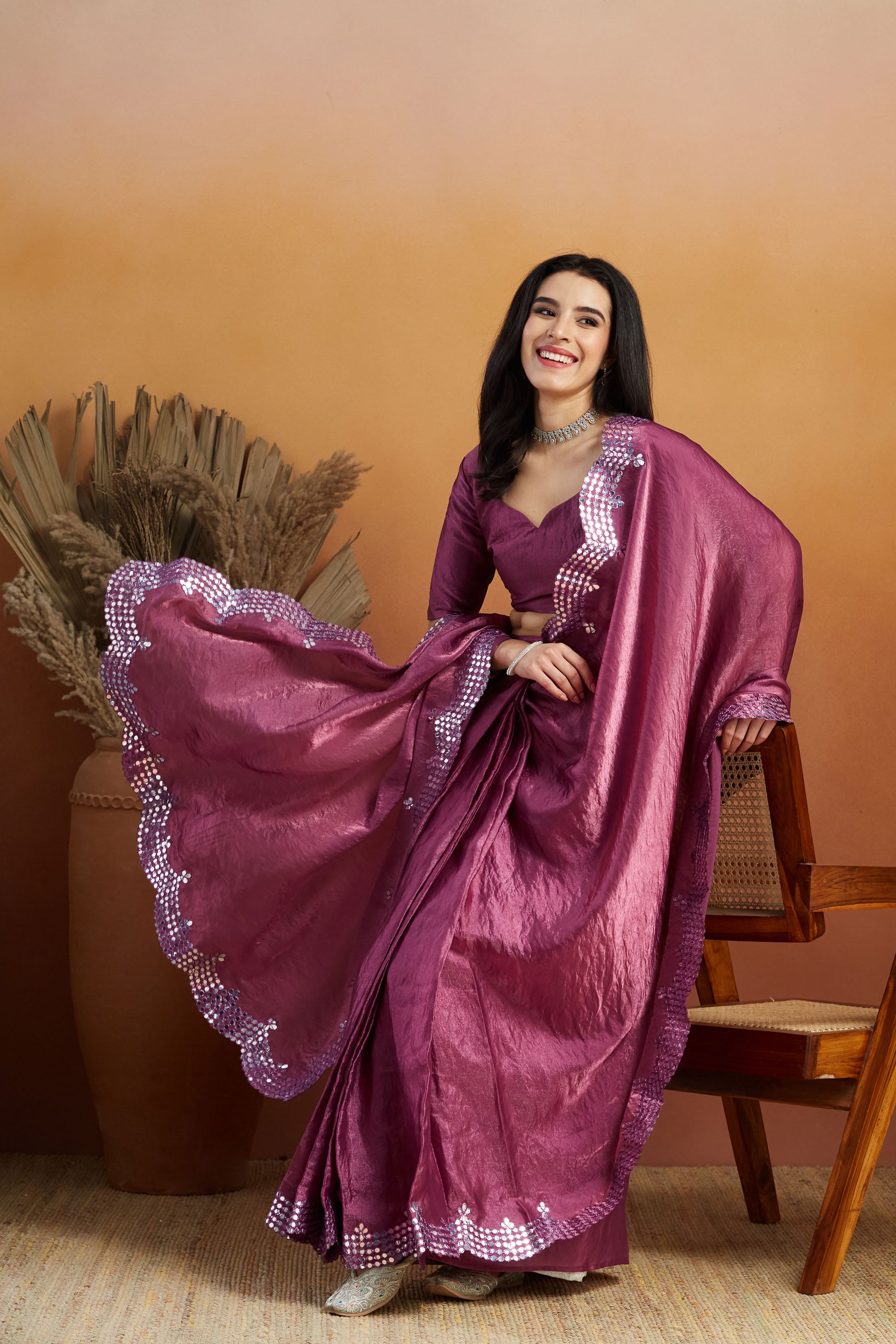 Aari Mirror Work Fandy Glass Tissue  Saree