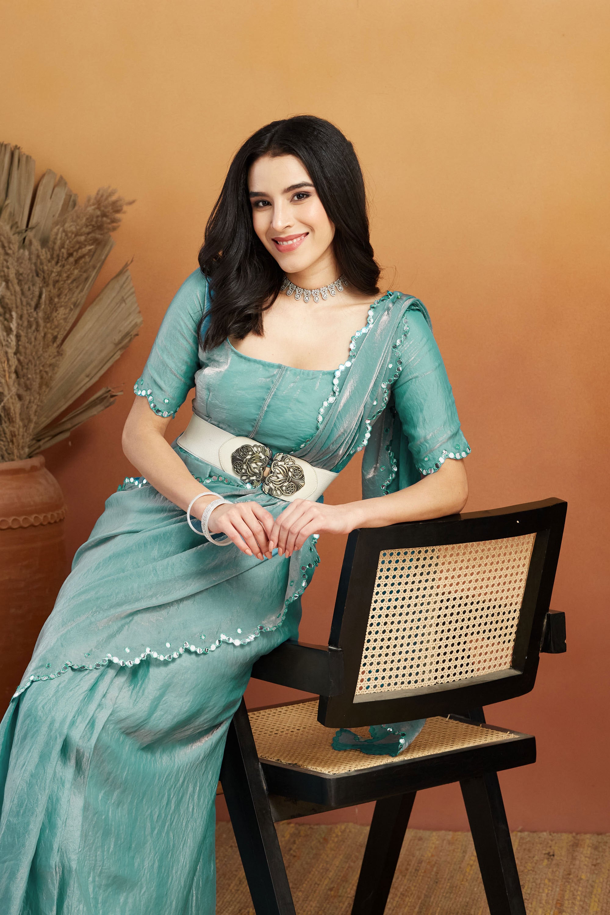 Ari Mirror Cut Work Sky Blue Glass Tissue  Saree