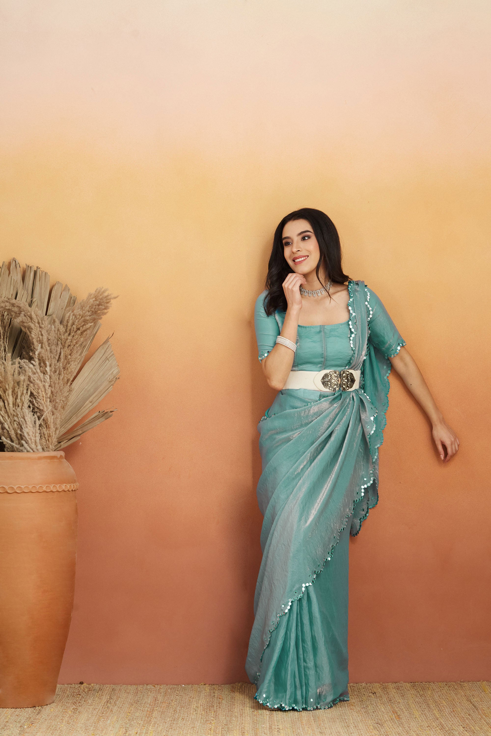 Ari Mirror Cut Work Sky Blue Glass Tissue  Saree