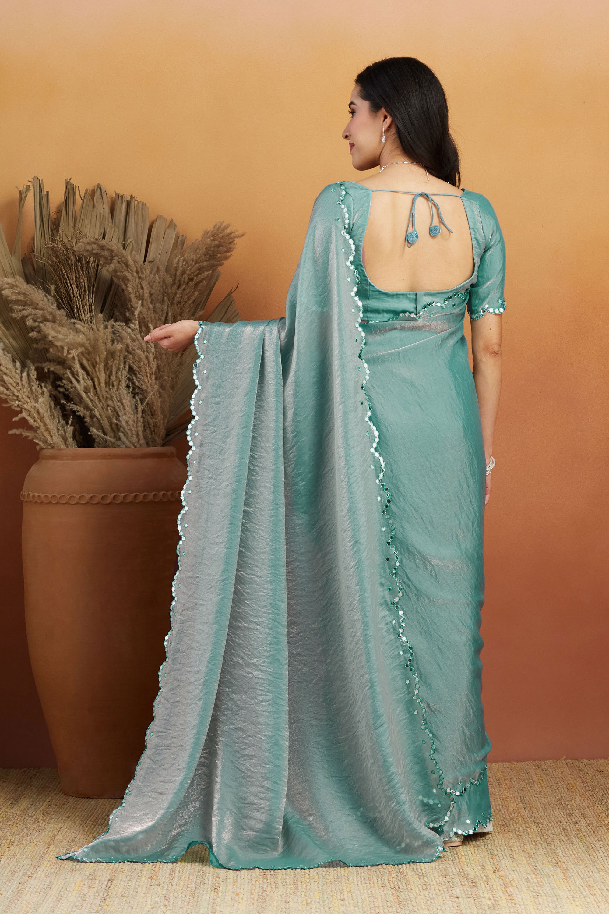 Ari Mirror Cut Work Sky Blue Glass Tissue  Saree