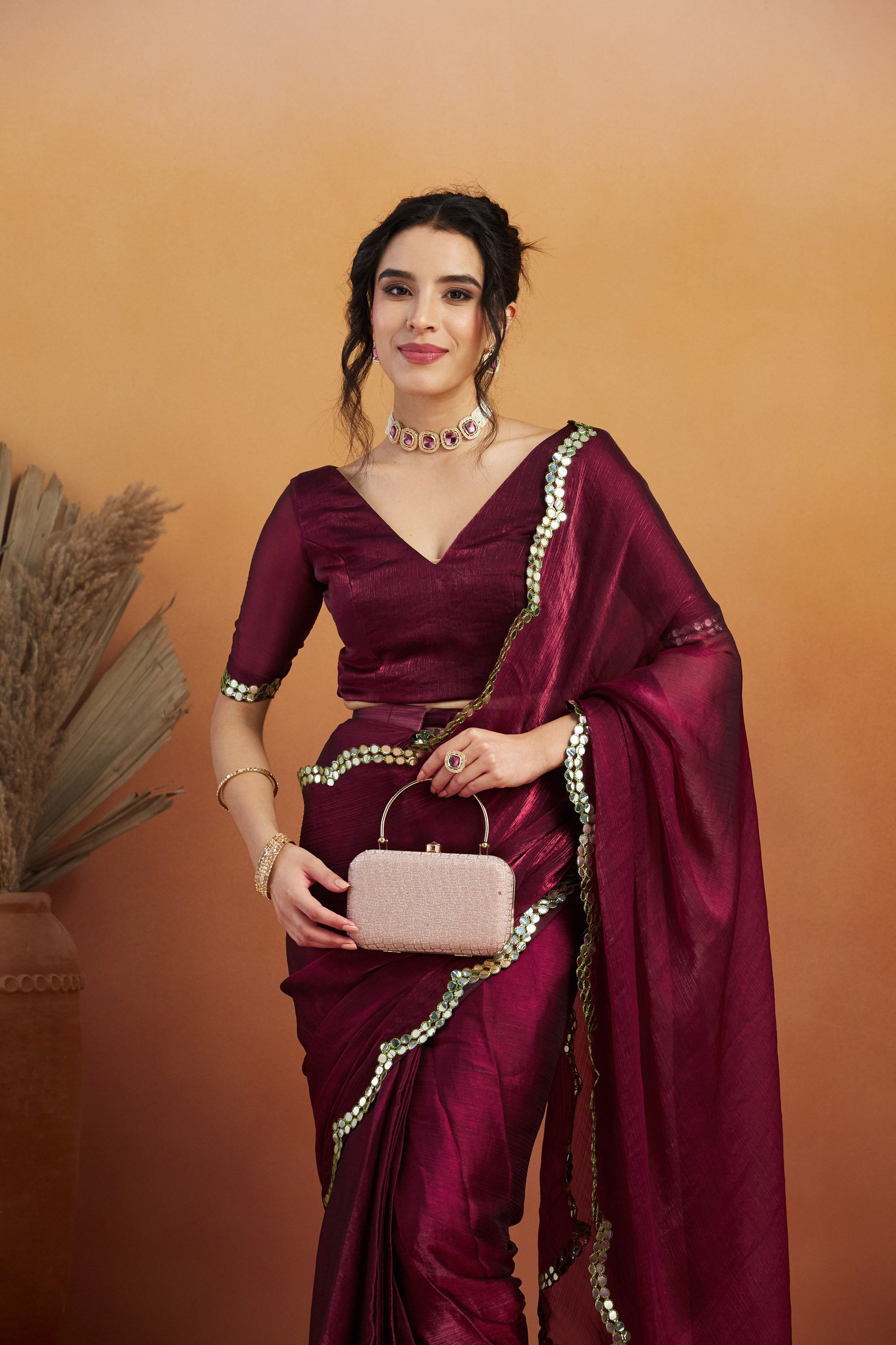 Aari Cut Mirror Work  Burgundy  Glass Tissue  Saree
