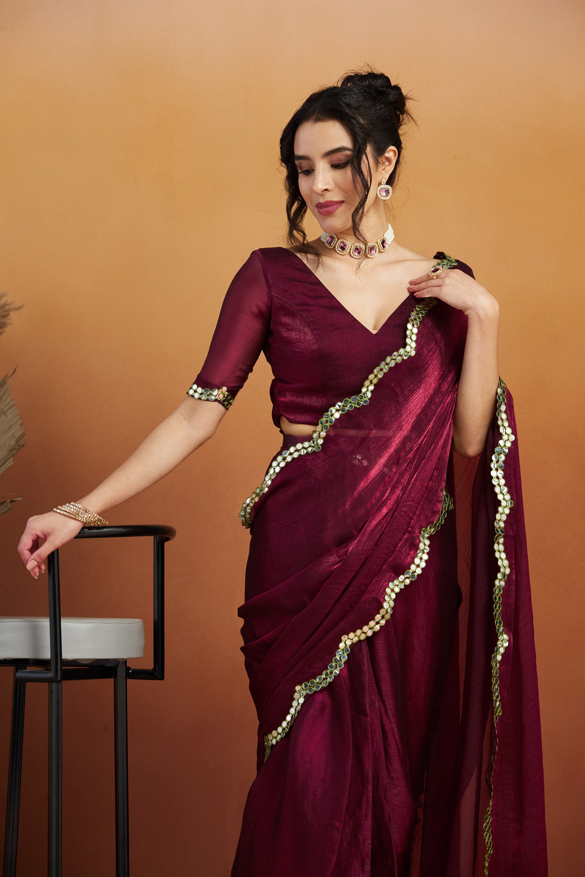 Aari Cut Mirror Work  Burgundy  Glass Tissue  Saree