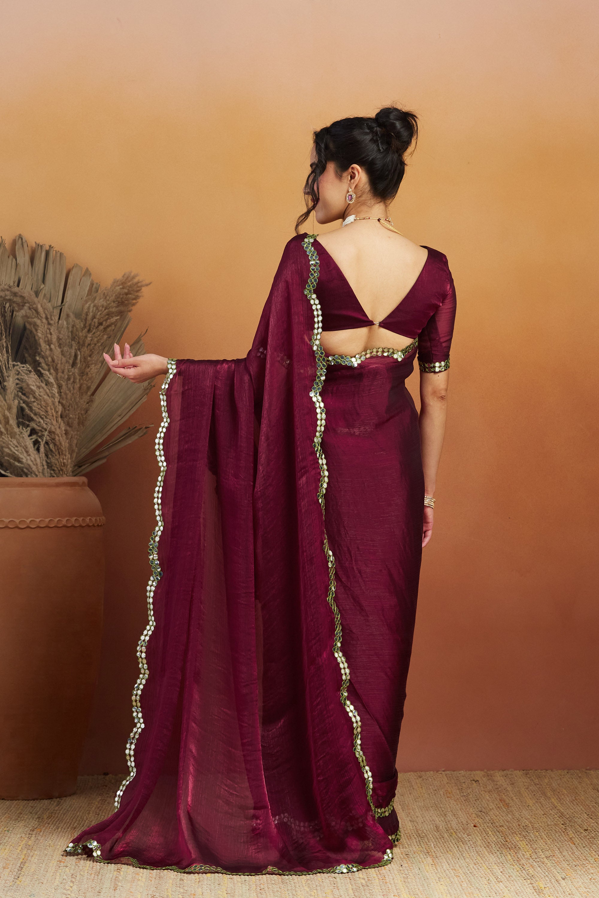 Aari Cut Mirror Work  Burgundy  Glass Tissue  Saree