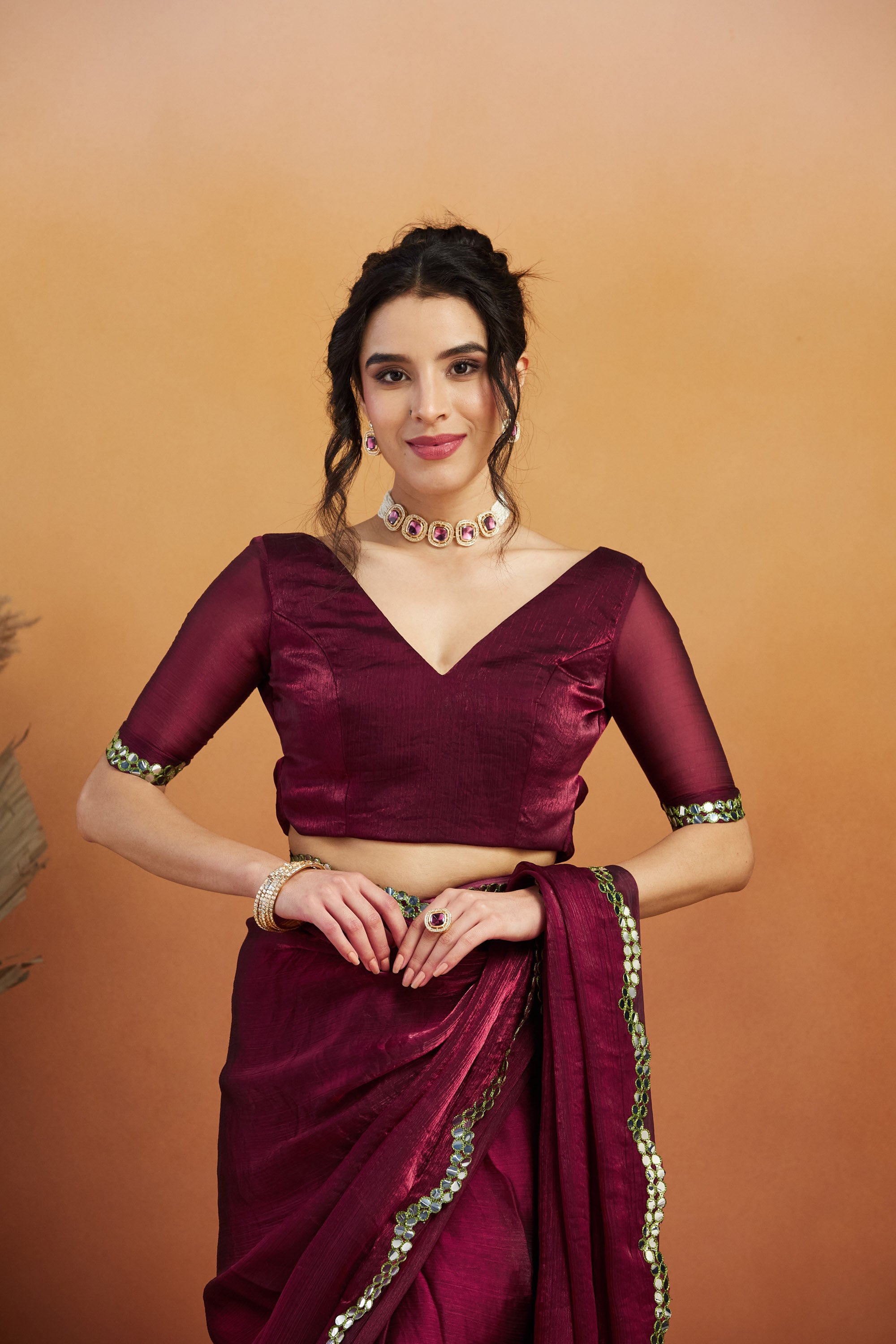 Aari Cut Mirror Work  Burgundy  Glass Tissue  Saree