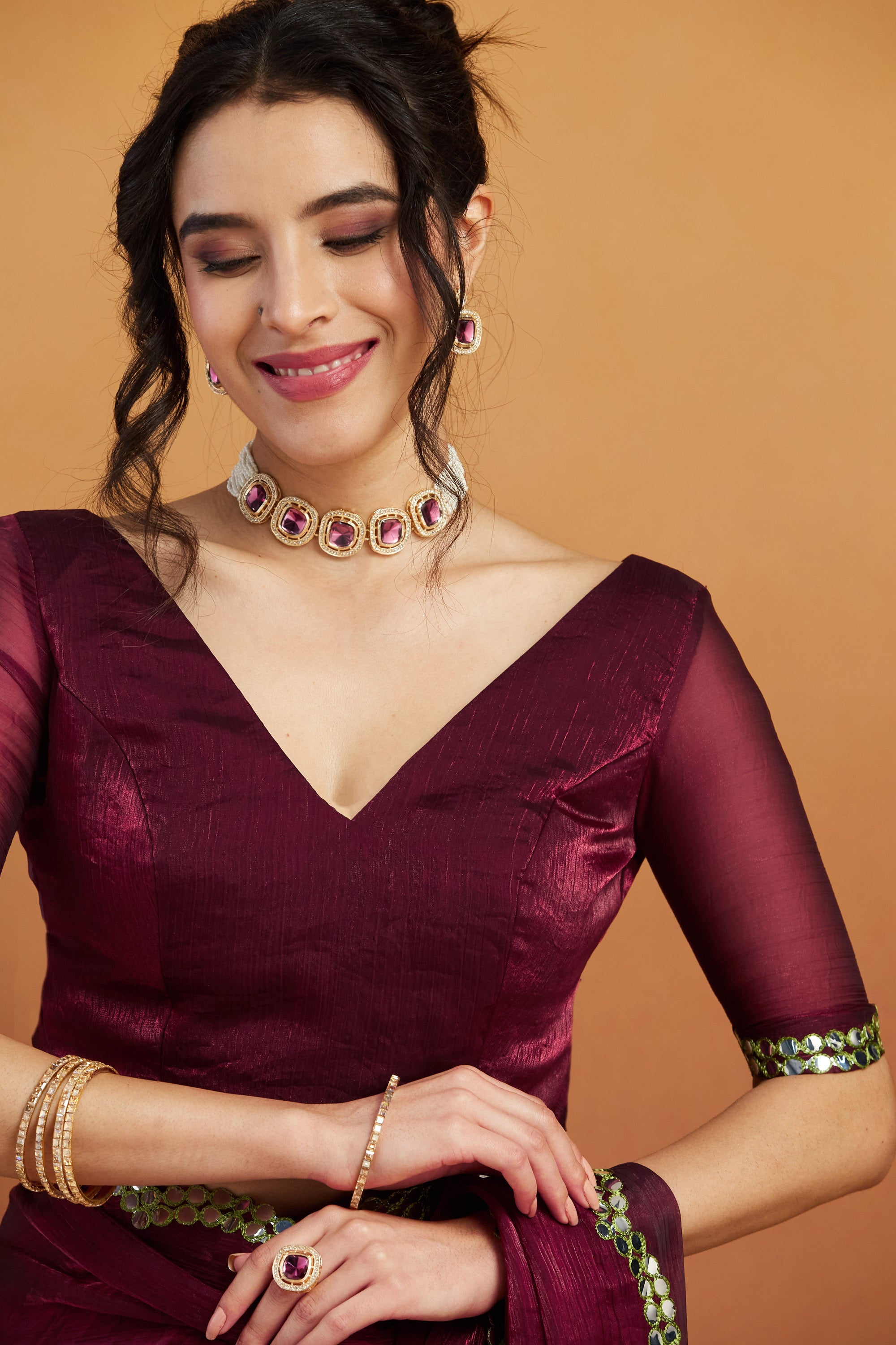 Aari Cut Mirror Work  Burgundy  Glass Tissue  Saree